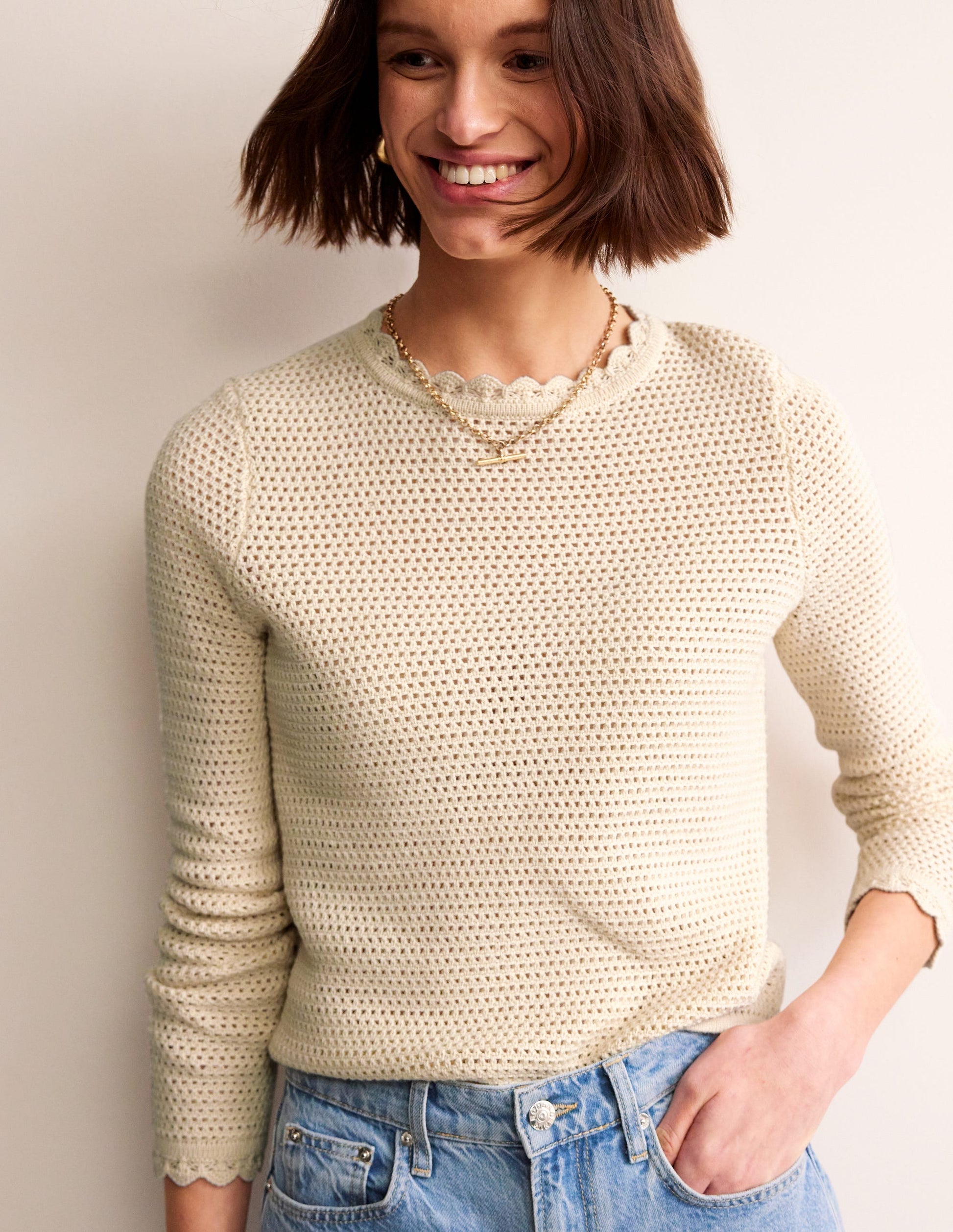 Textured Scallop Jumper-Warm Ivory-1