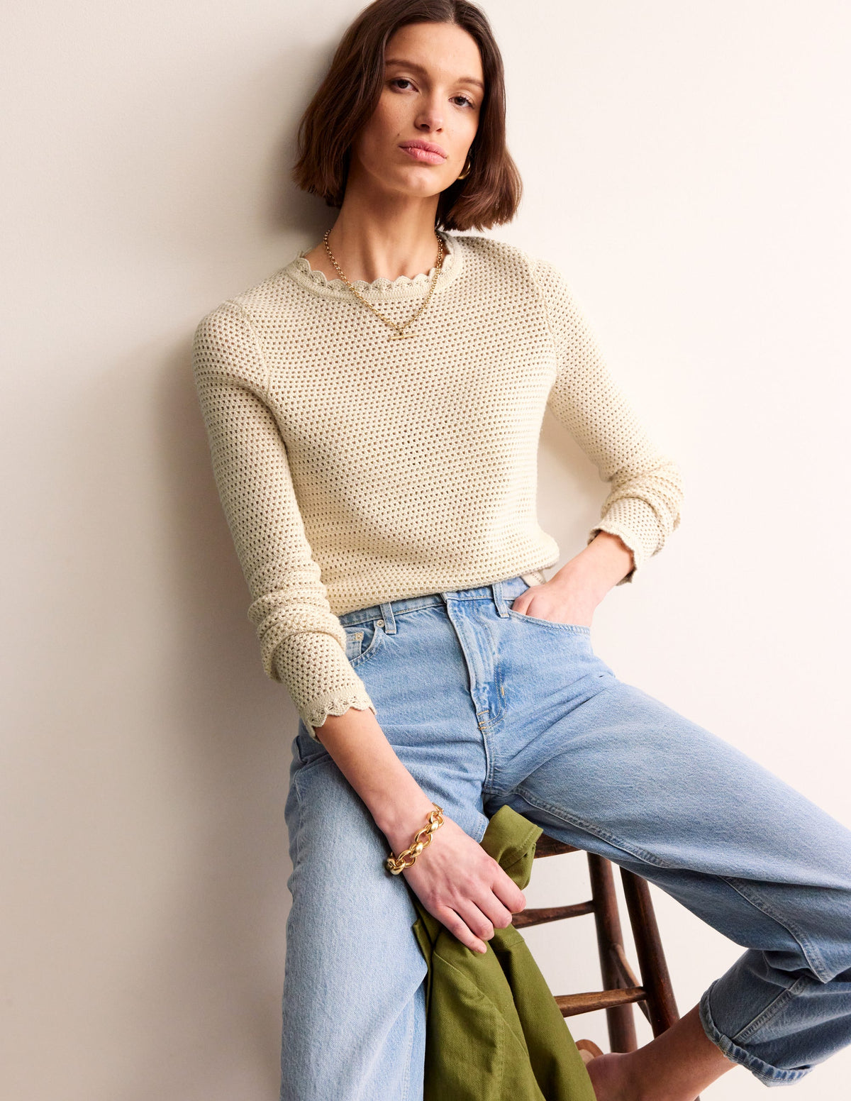 Textured Scallop Jumper-Warm Ivory - Image 4