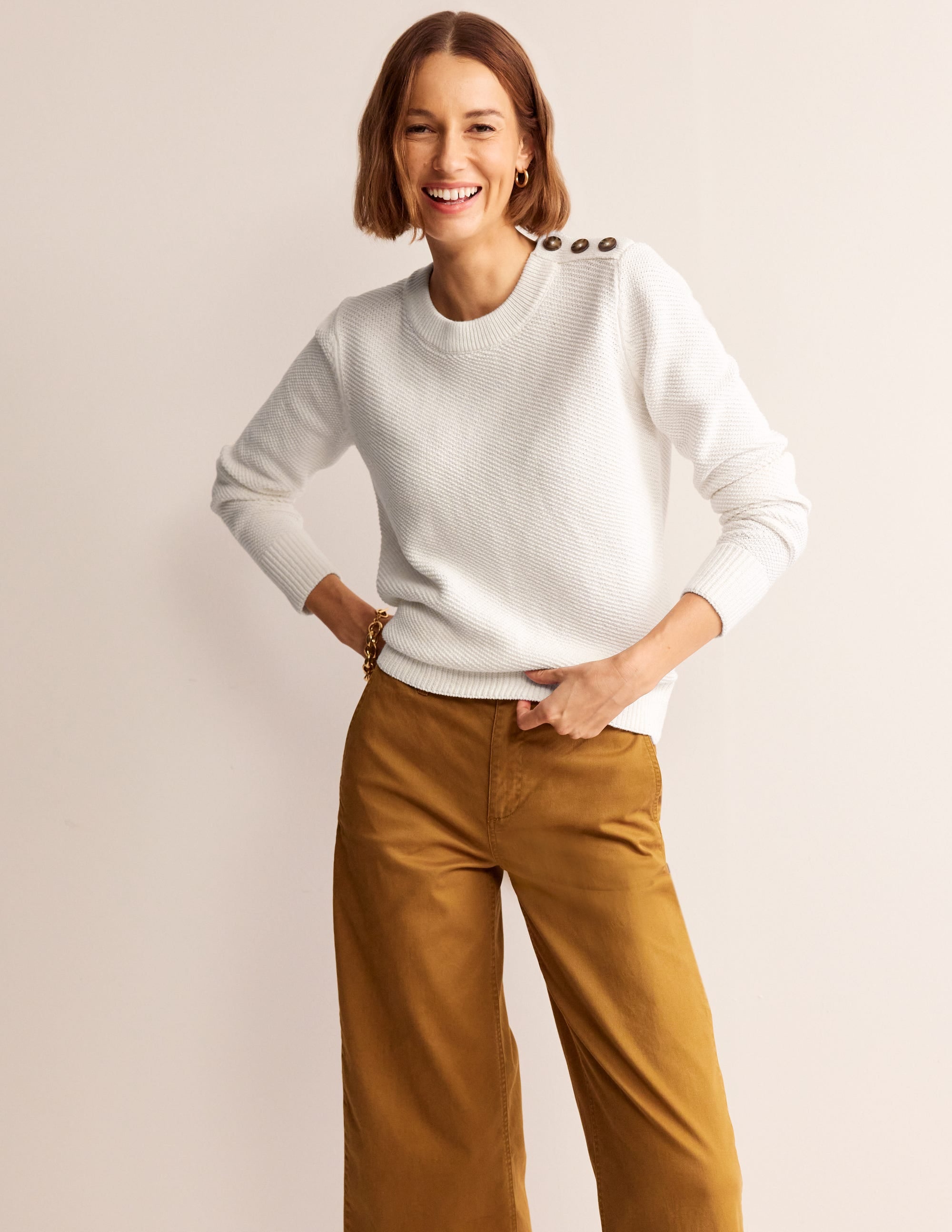Button Detail Stitch Jumper-Warm Ivory - Image 2