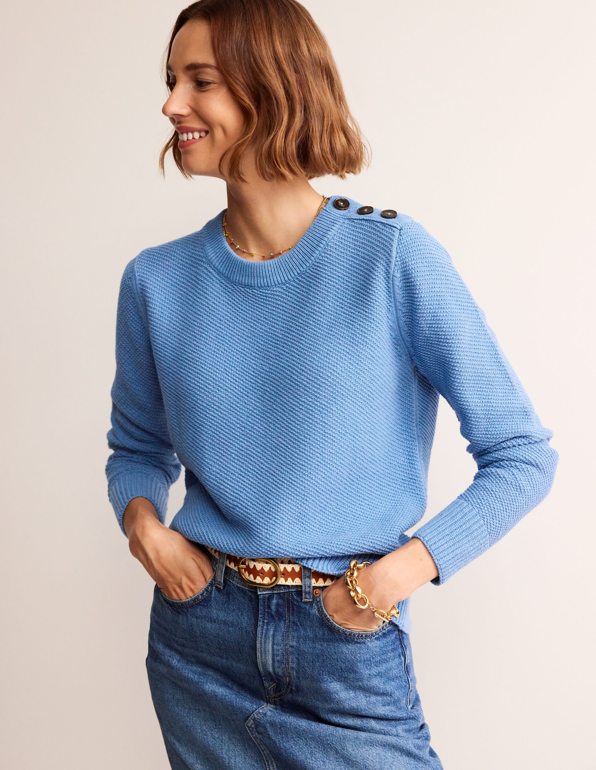 Button Detail Stitch Jumper-Porcelain Blue - Image 1