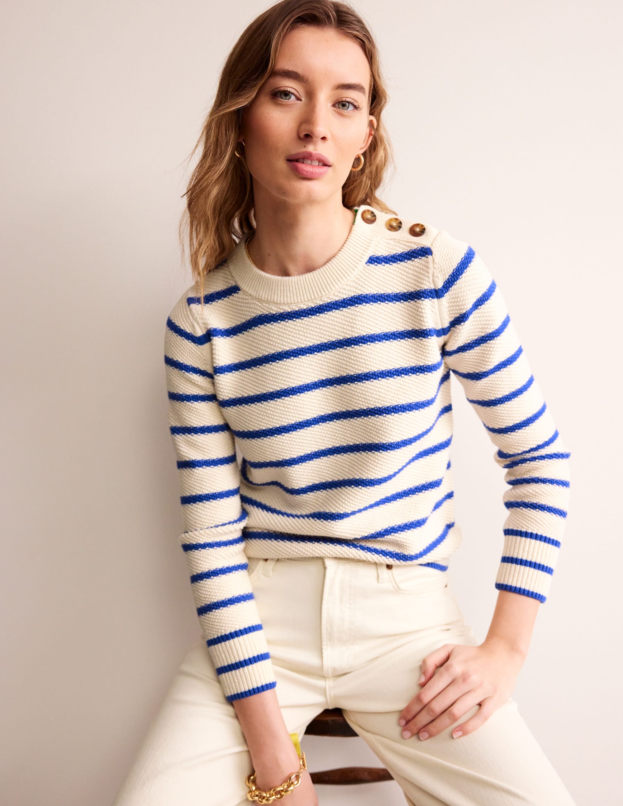 Button Detail Stitch Jumper-Warm Ivory, Island Sapphire - Image 2