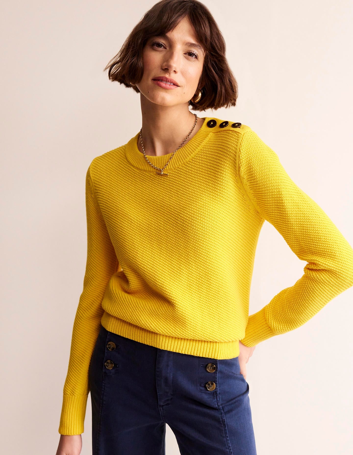 Button Detail Stitch Jumper-Super Lemon Yellow - Image 2