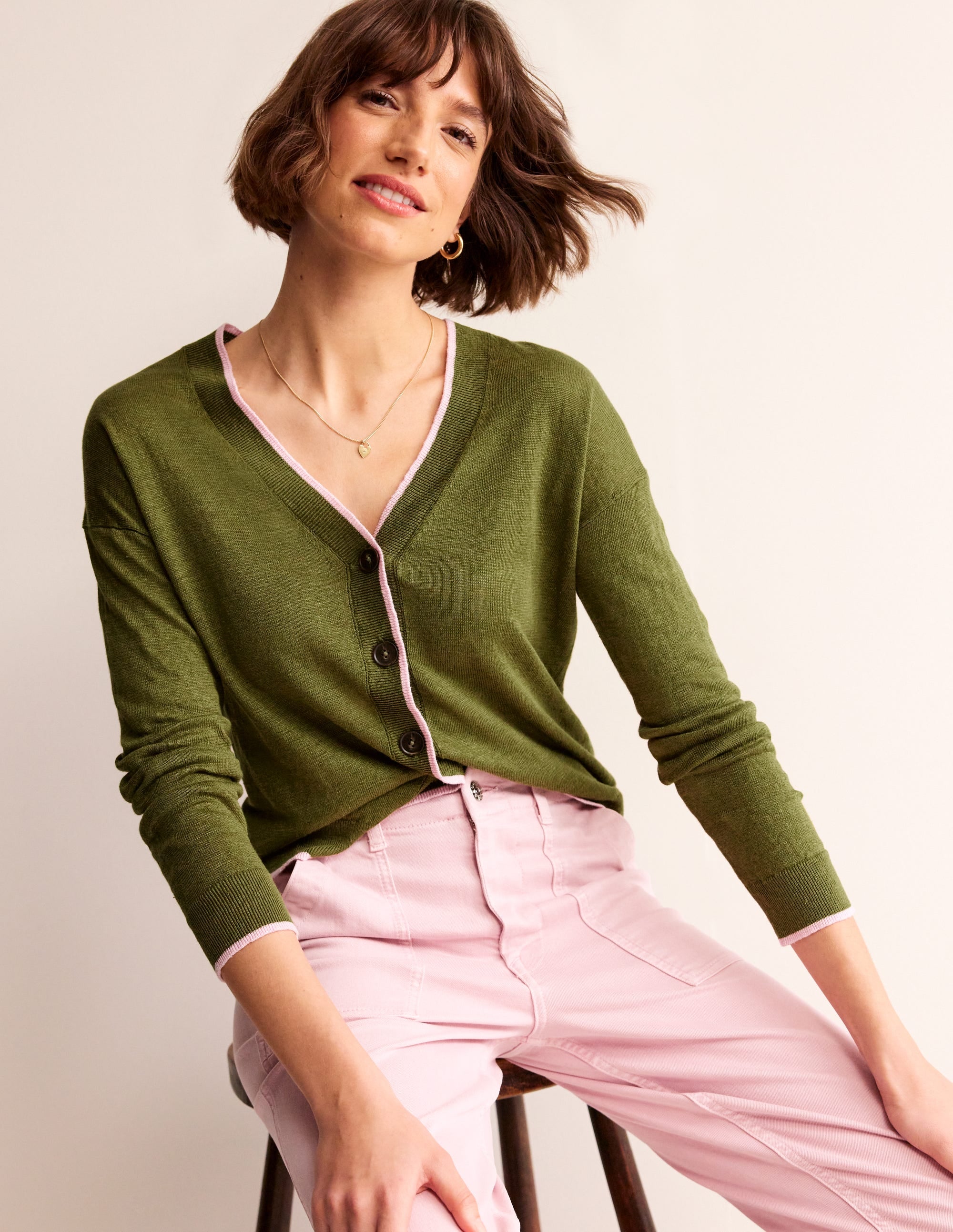 Maggie V-Neck Linen Cardigan-Spruce Green - Image 1