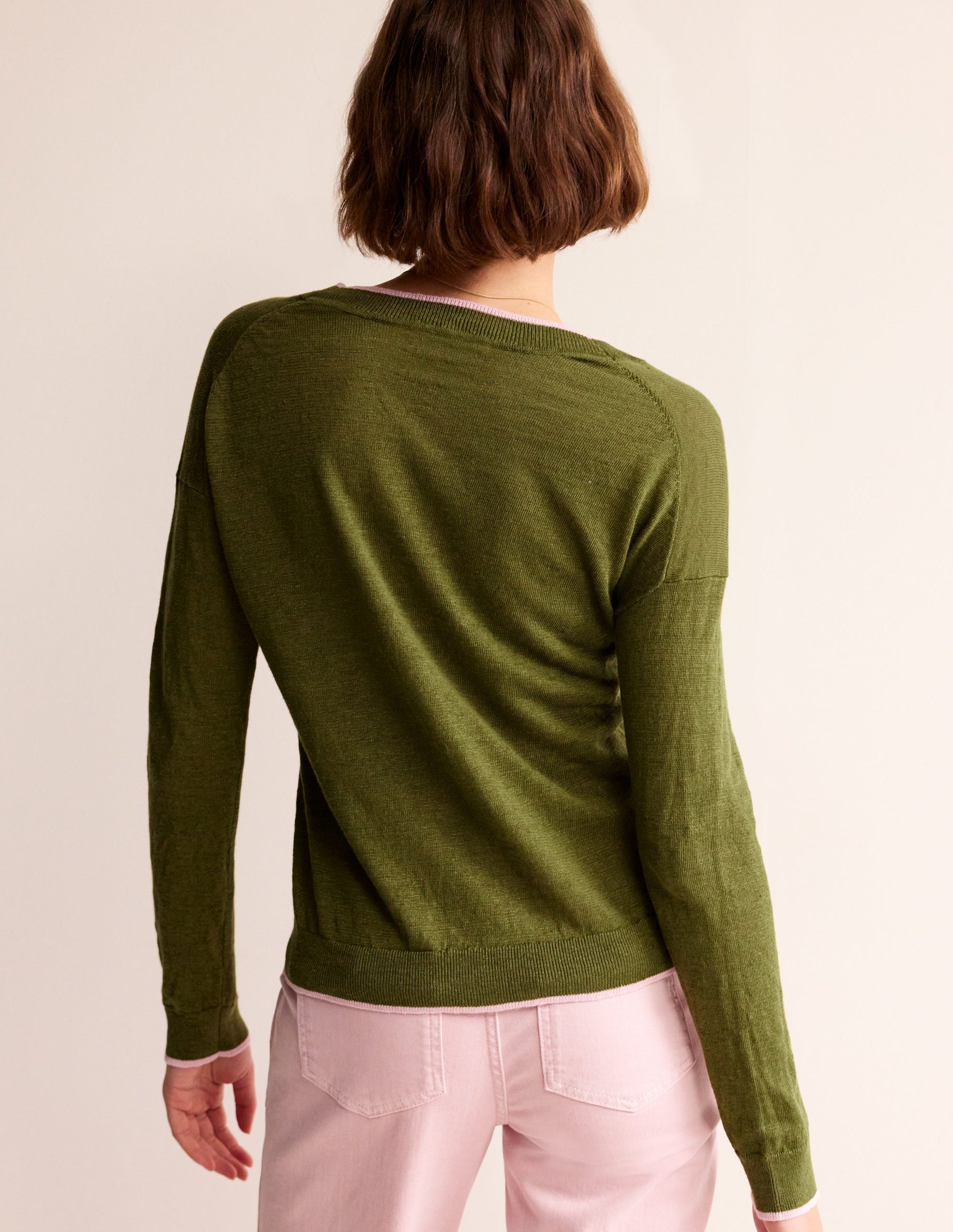Maggie V-Neck Linen Cardigan-Spruce Green-3
