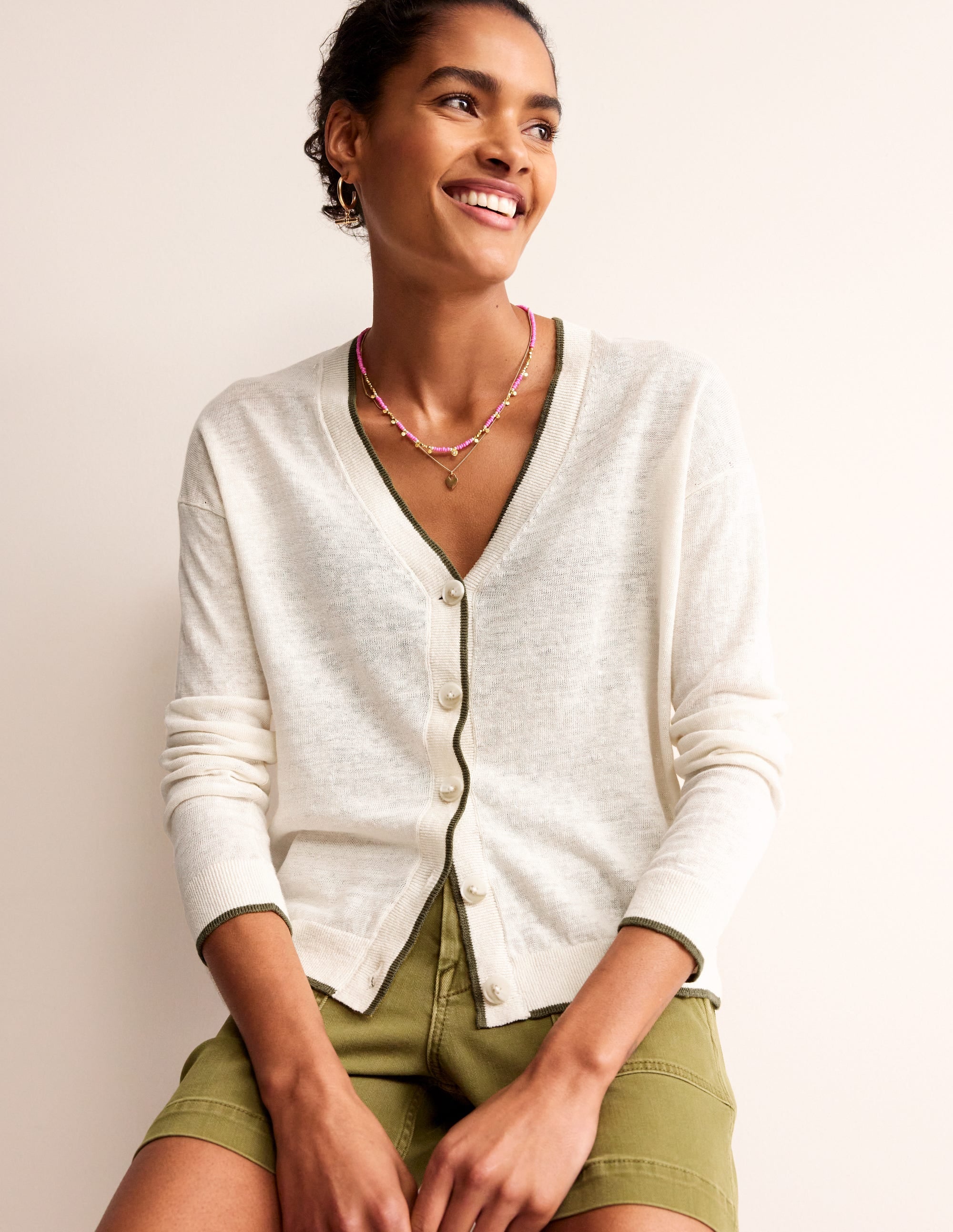 Maggie V-Neck Linen Cardigan-Warm Ivory - Image 1