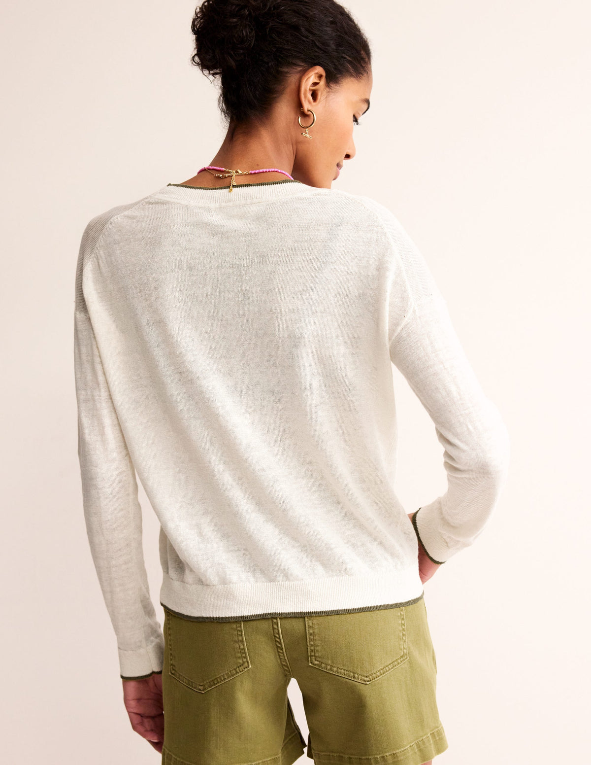Maggie V-Neck Linen Cardigan-Warm Ivory - Image 3