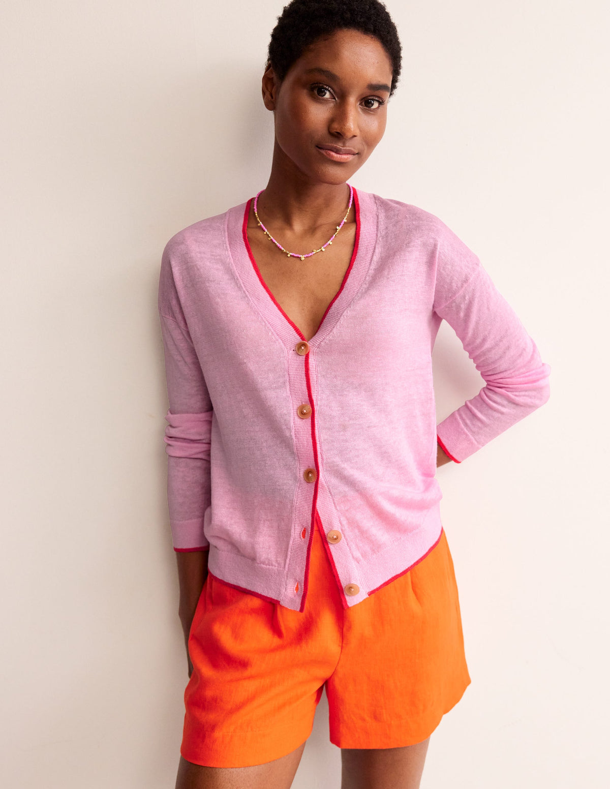 Maggie V-Neck Linen Cardigan-Sweet Lilac Pink - Image 1