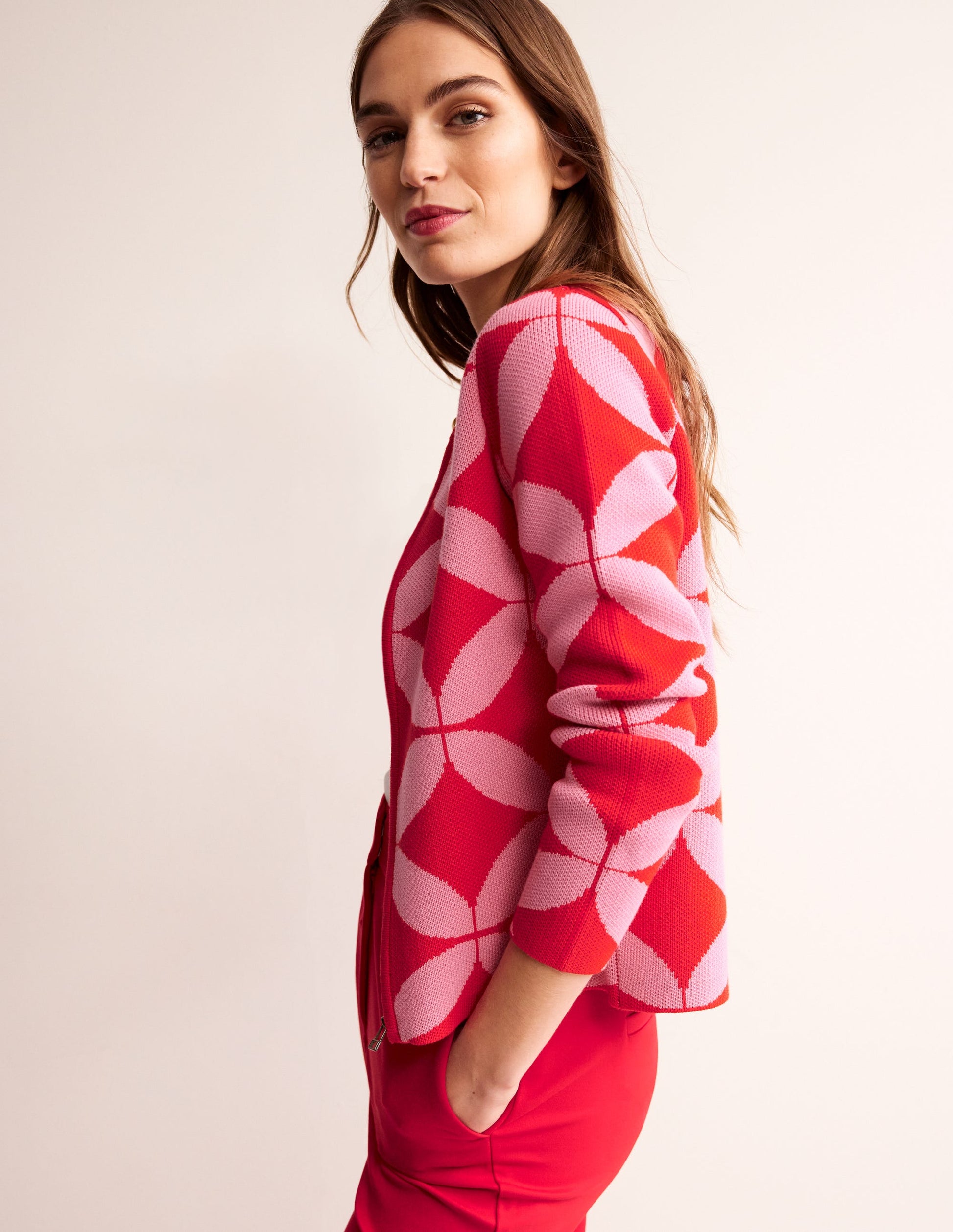 Jacquard Zip Up Cardigan-Ruby Red, Diamond Terrace-1