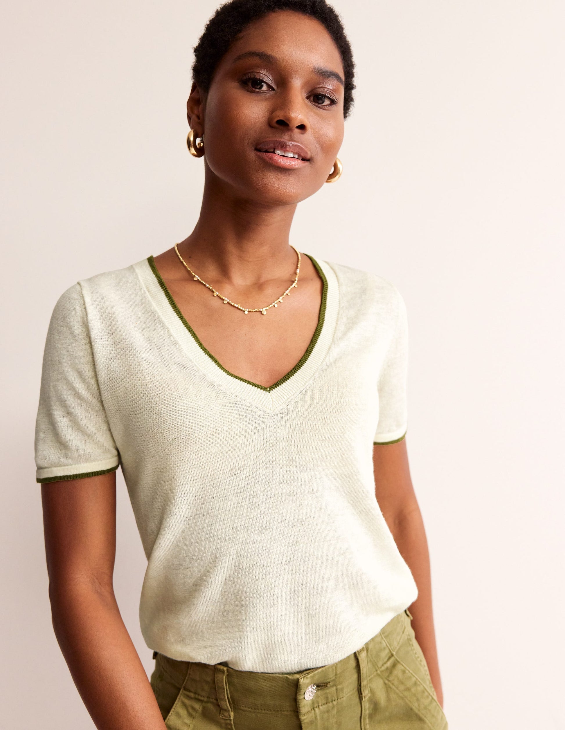 Maggie V-Neck Linen T-Shirt-Warm Ivory-2