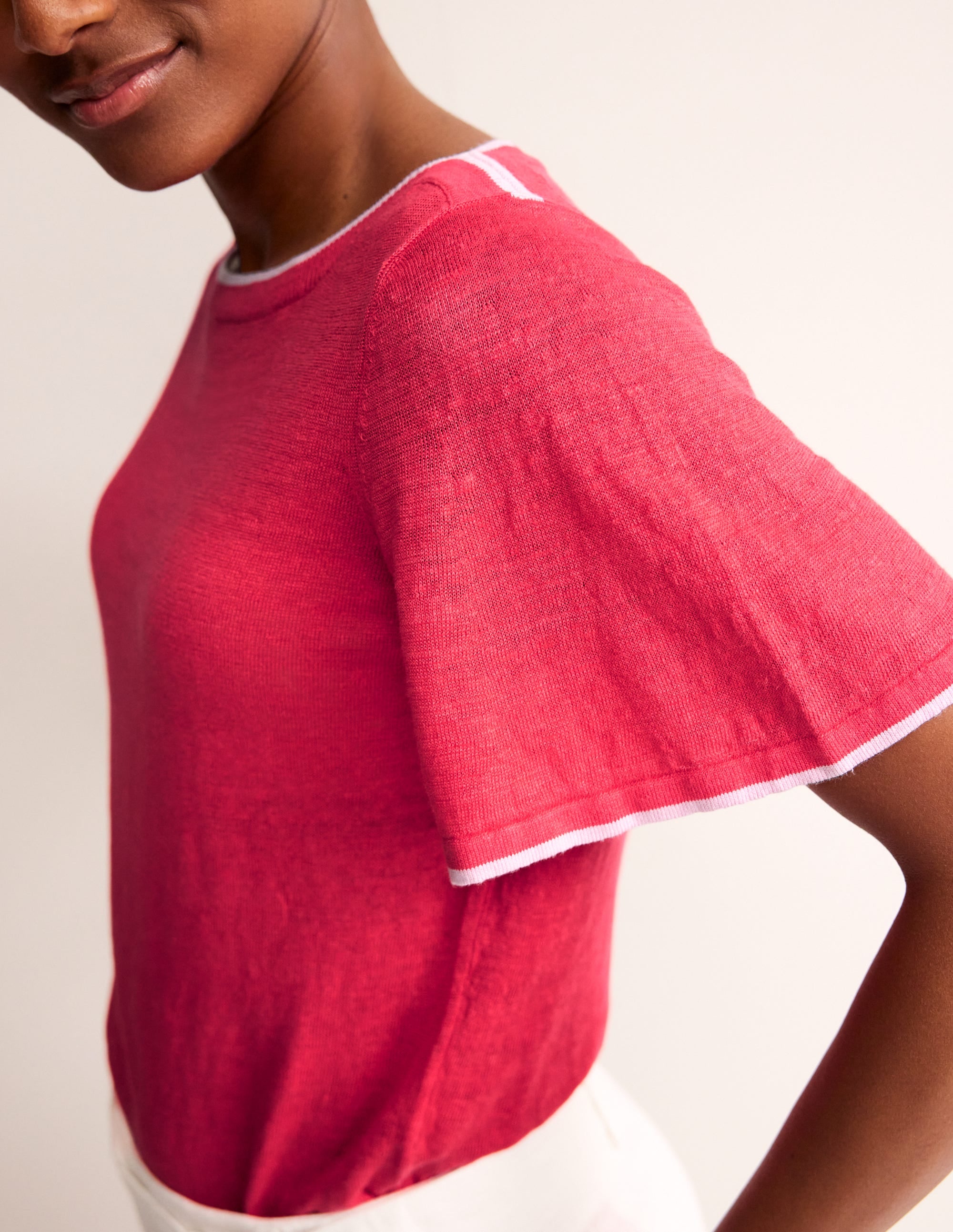 Maggie Boat Neck Linen T-Shirt-Bright Coral - Image 2