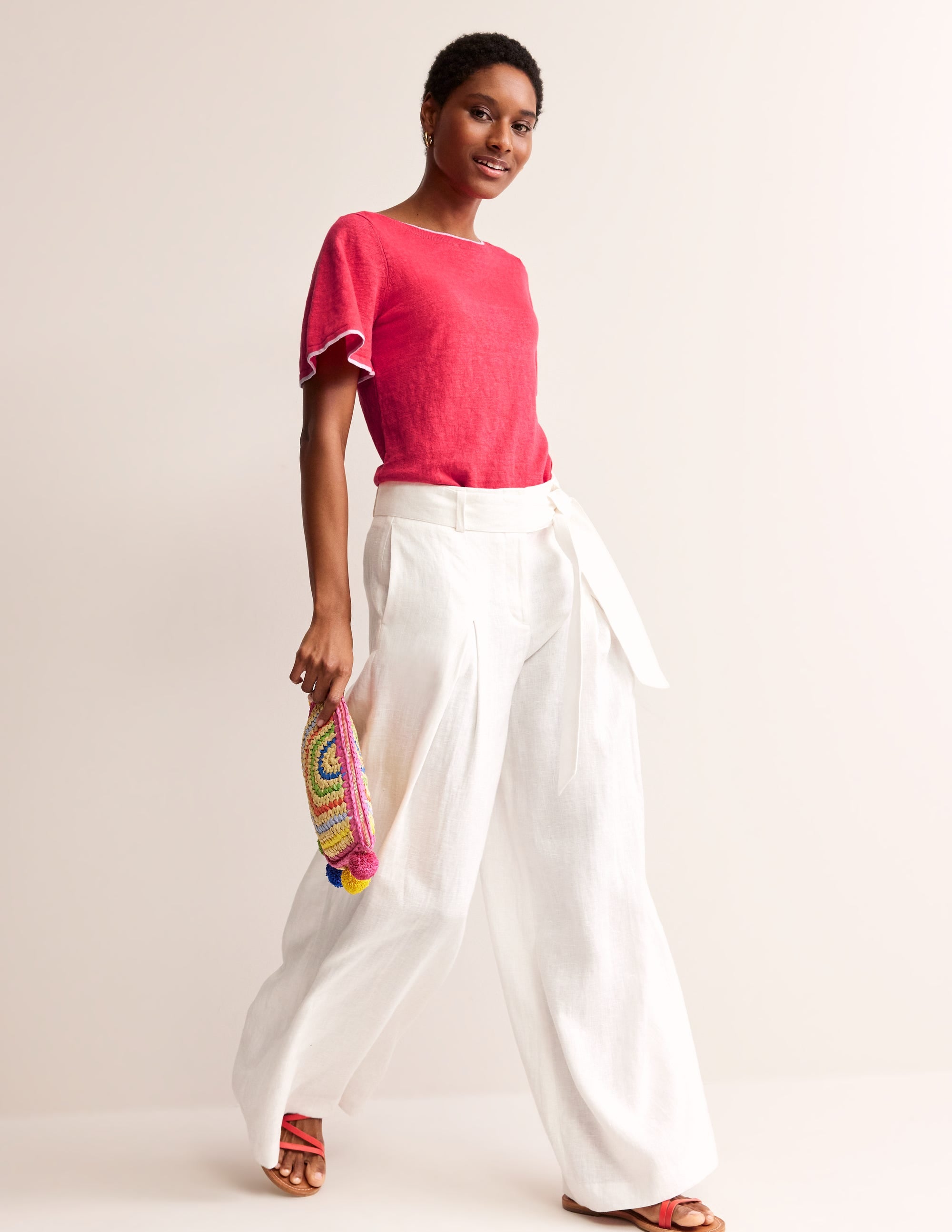 Maggie Boat Neck Linen T-Shirt-Bright Coral - Image 4
