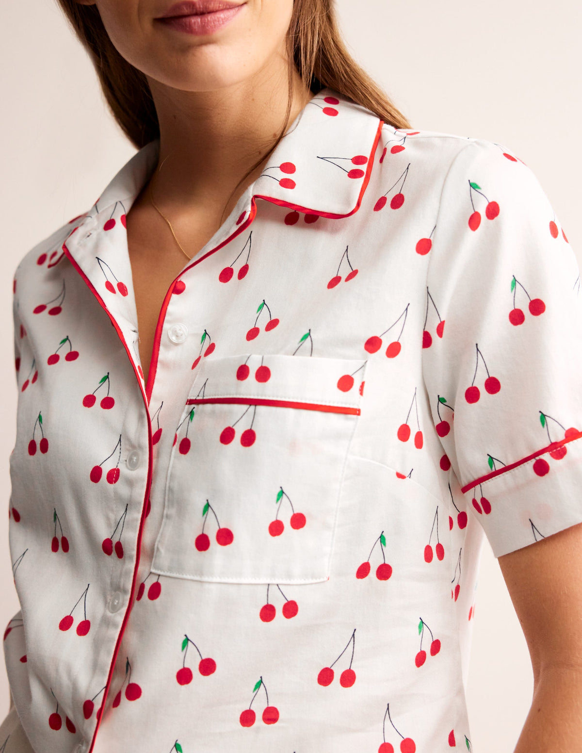Short Sleeve Pyjama Top-Ivory, Cherry Vine - Image 2
