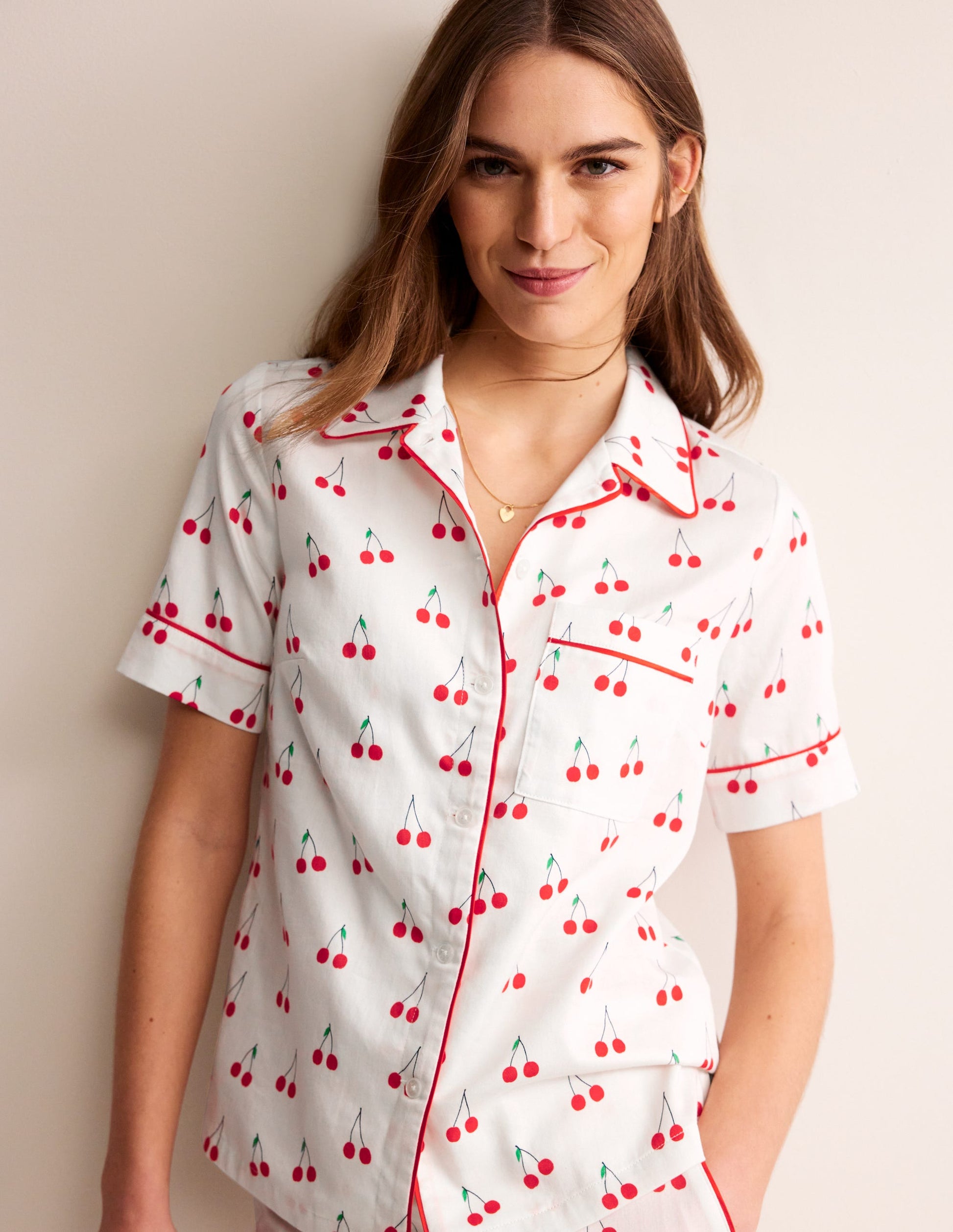 Short Sleeve Pyjama Top-Ivory, Cherry Vine-4