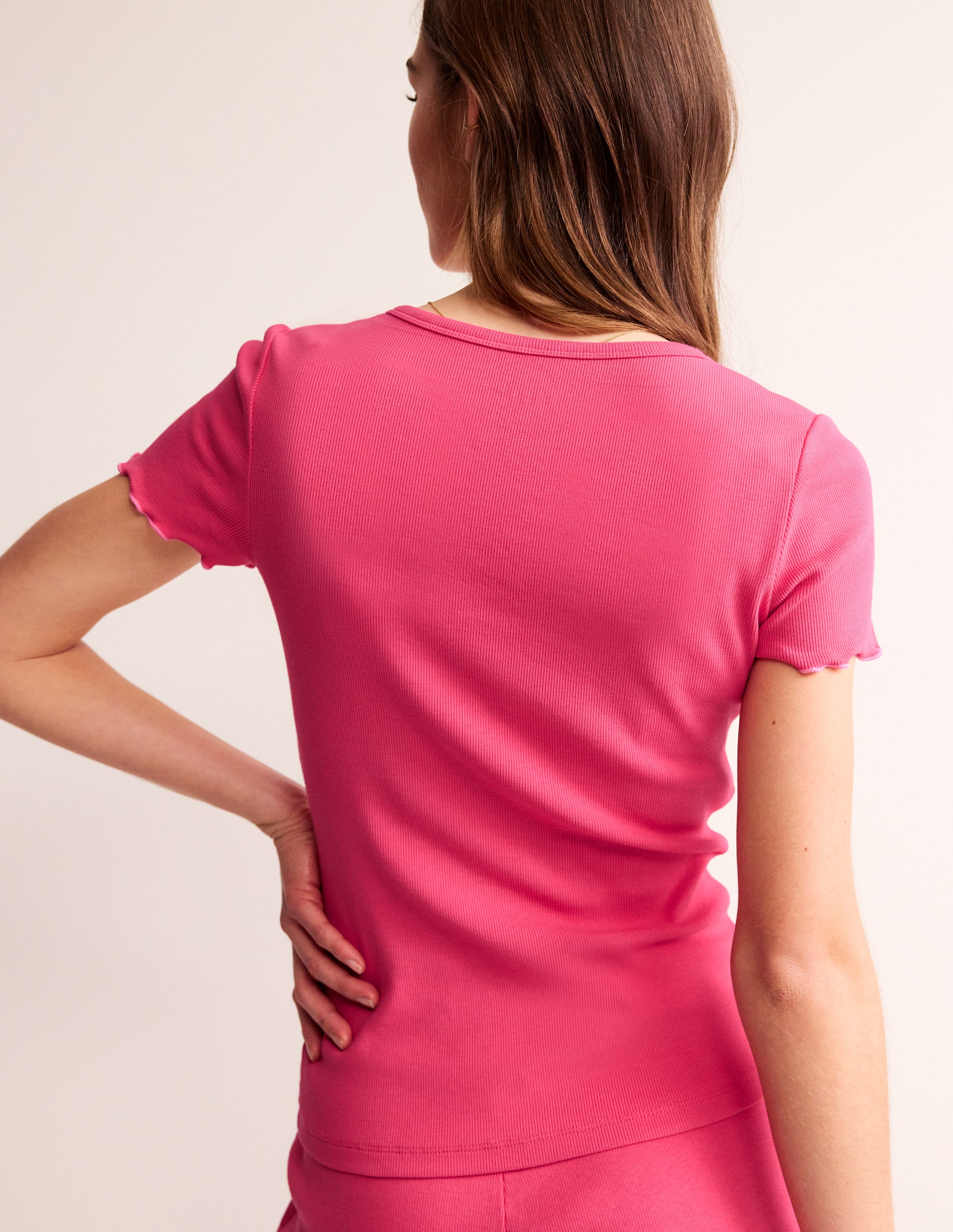 Lettuce Hem Scoop Neck PJ Top-Rethink Pink - Image 3