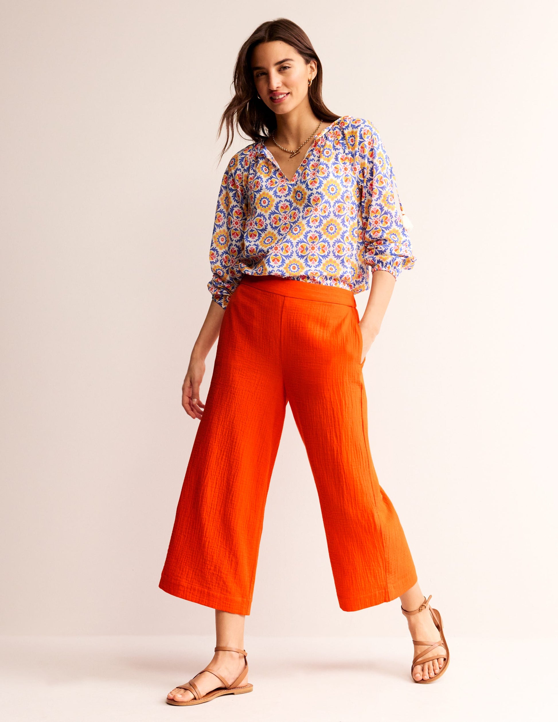 Pull-on Doublecloth Trousers-Mandarin Orange-1