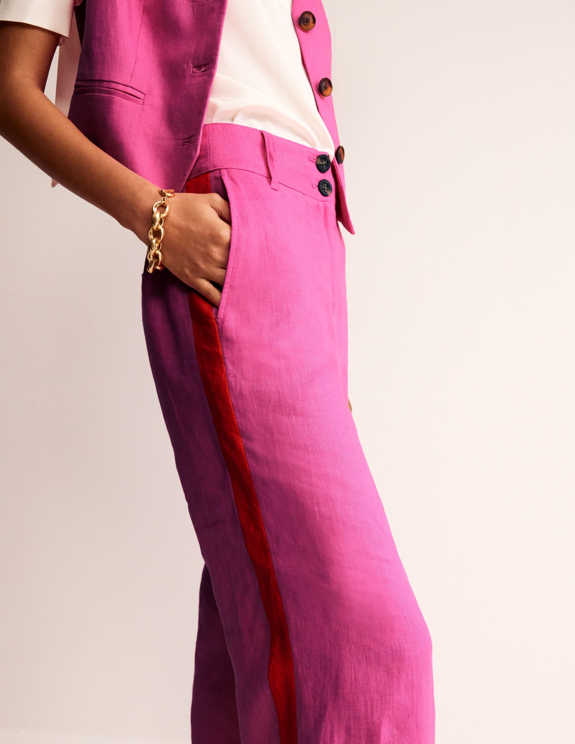 Westbourne Linen Trousers-Pop Pansy, Red Side Stripe - Image 2