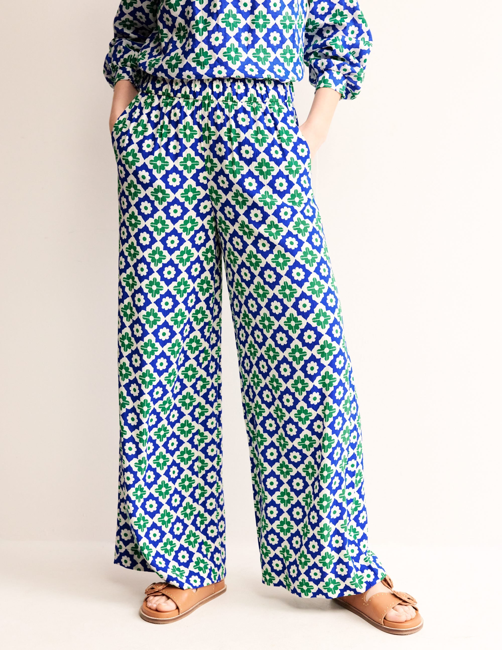 Crinkle Wide Trousers-Green Tambourine, Geometric - Image 2