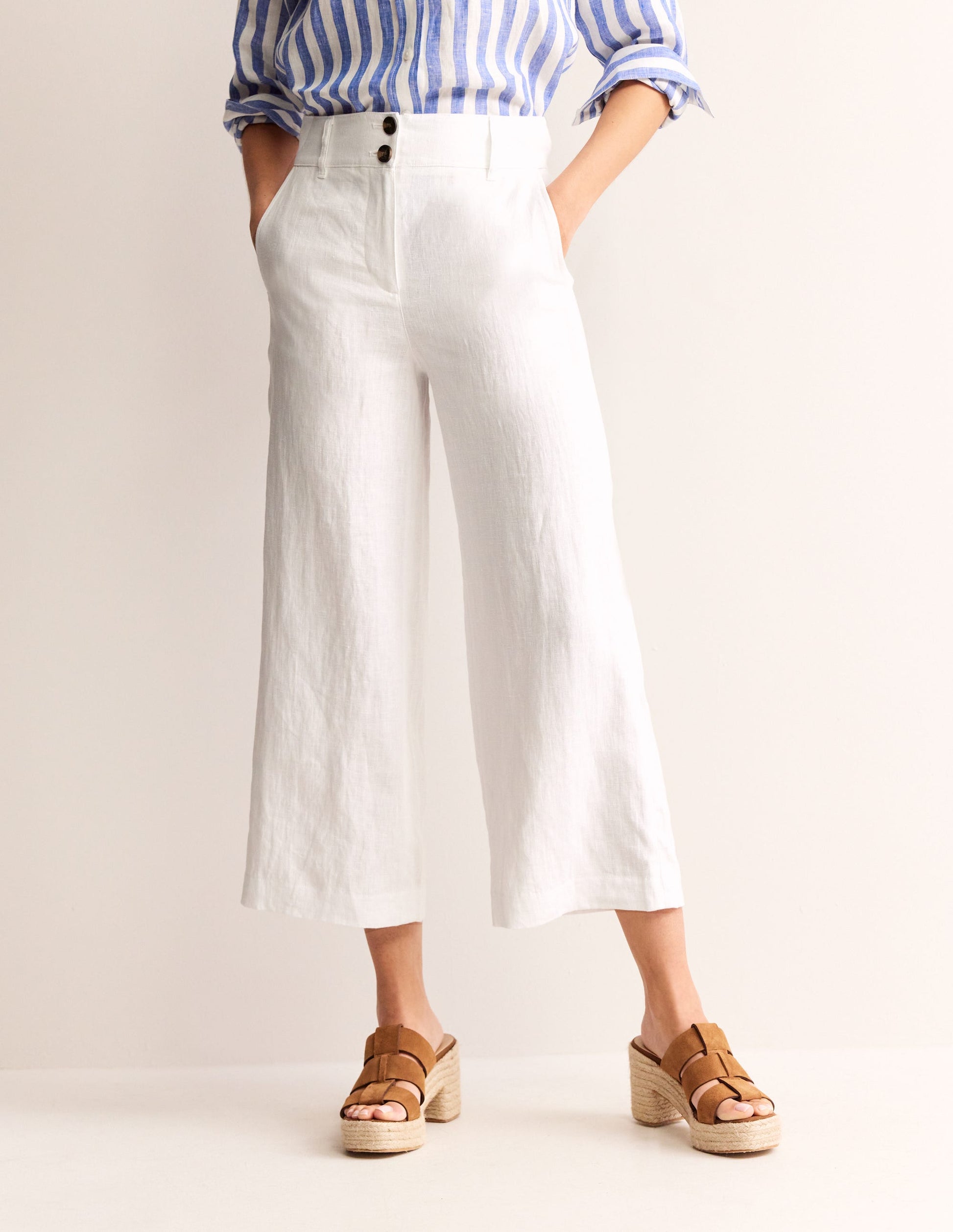 Westbourne Linen Crop Trousers-White-4