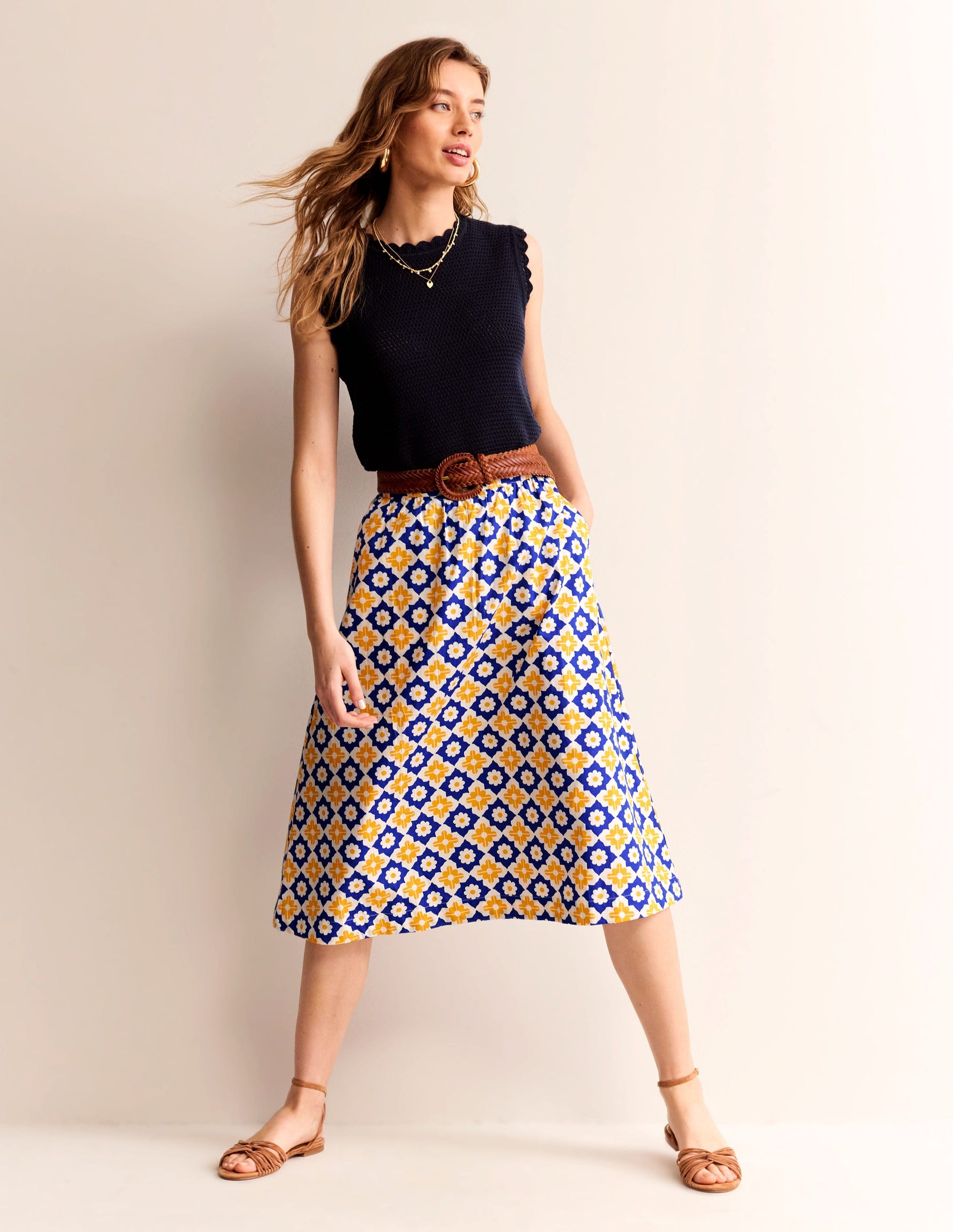 Hattie Poplin Midi Skirt-Surf the Web, Geometric Stamp-1