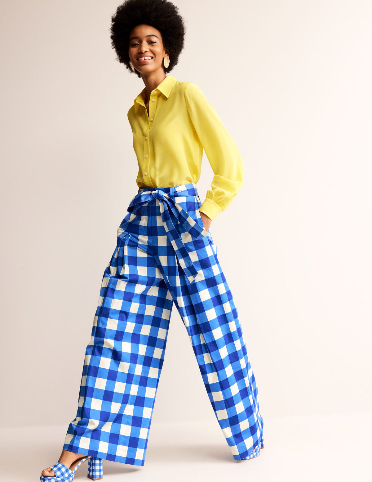 Palazzo Cotton Sateen Trousers-Nautical Blue & Ivory Gingham-1