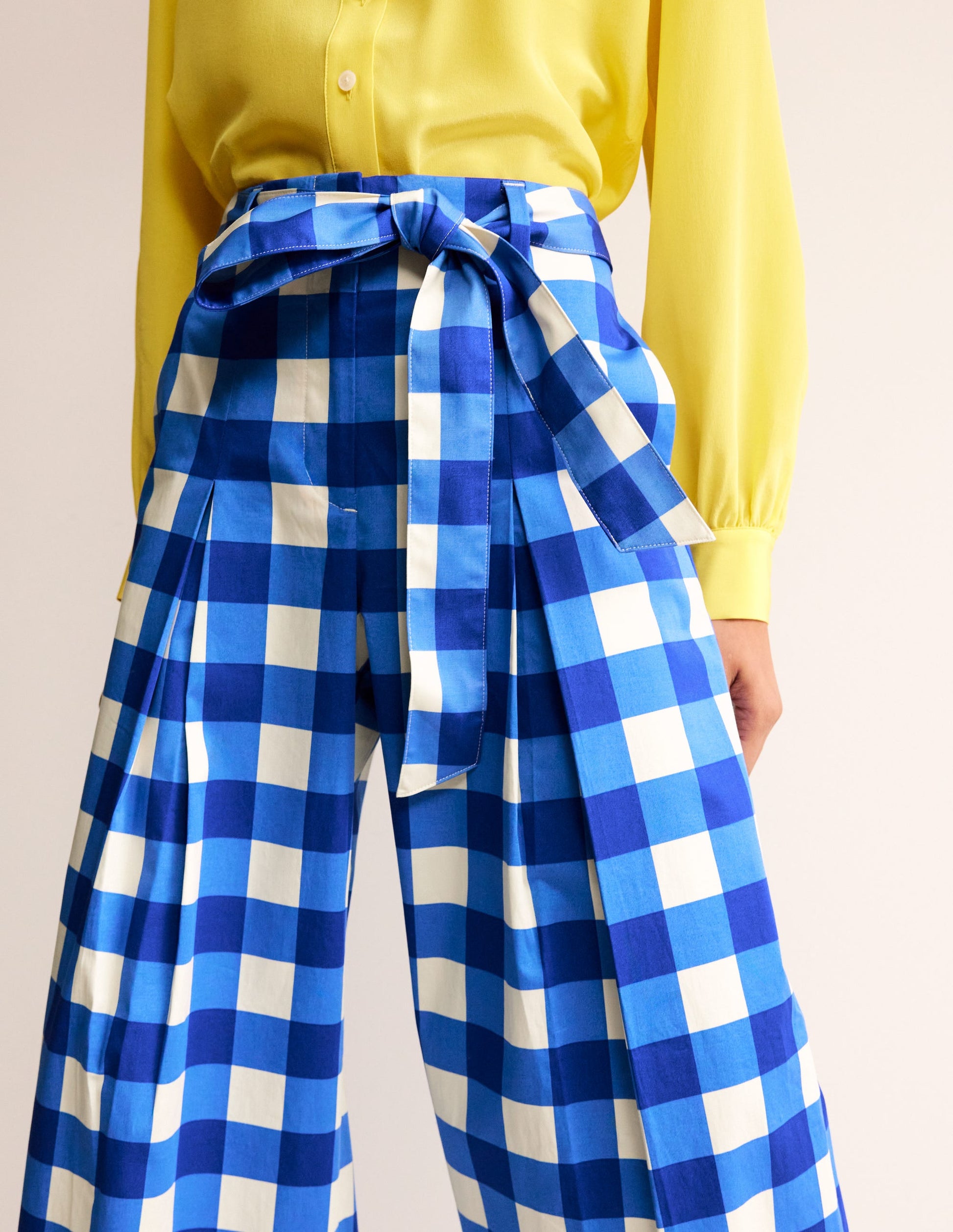 Palazzo Cotton Sateen Trousers-Nautical Blue & Ivory Gingham-2