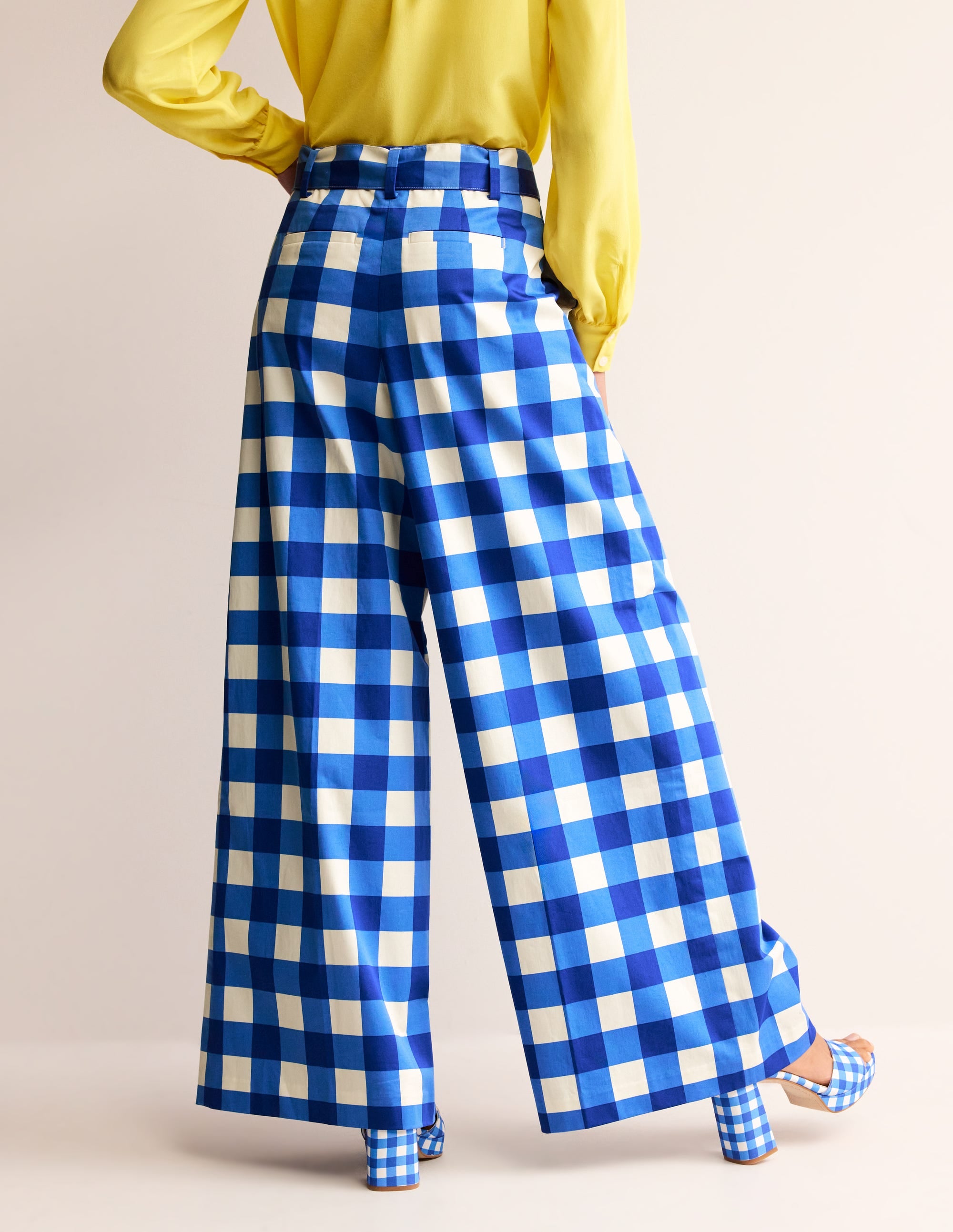 Palazzo Cotton Sateen Trousers-Nautical Blue & Ivory Gingham - Image 3