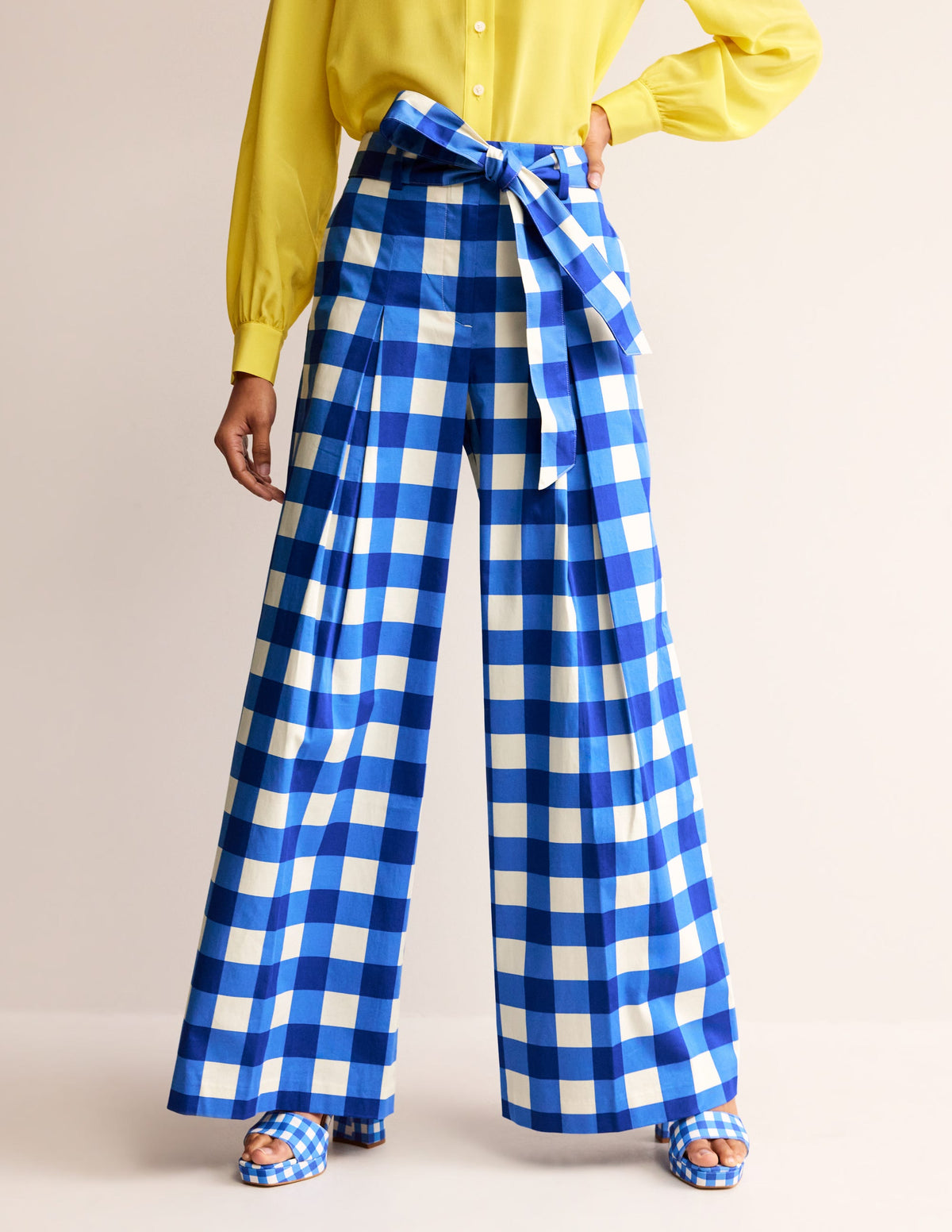 Palazzo Cotton Sateen Trousers-Nautical Blue & Ivory Gingham-4