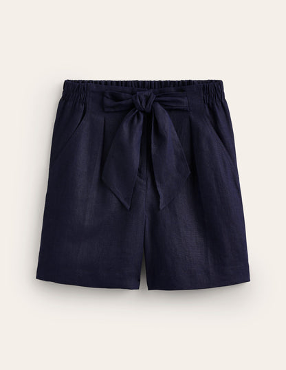 Tie Waist Linen Shorts-Navy-5