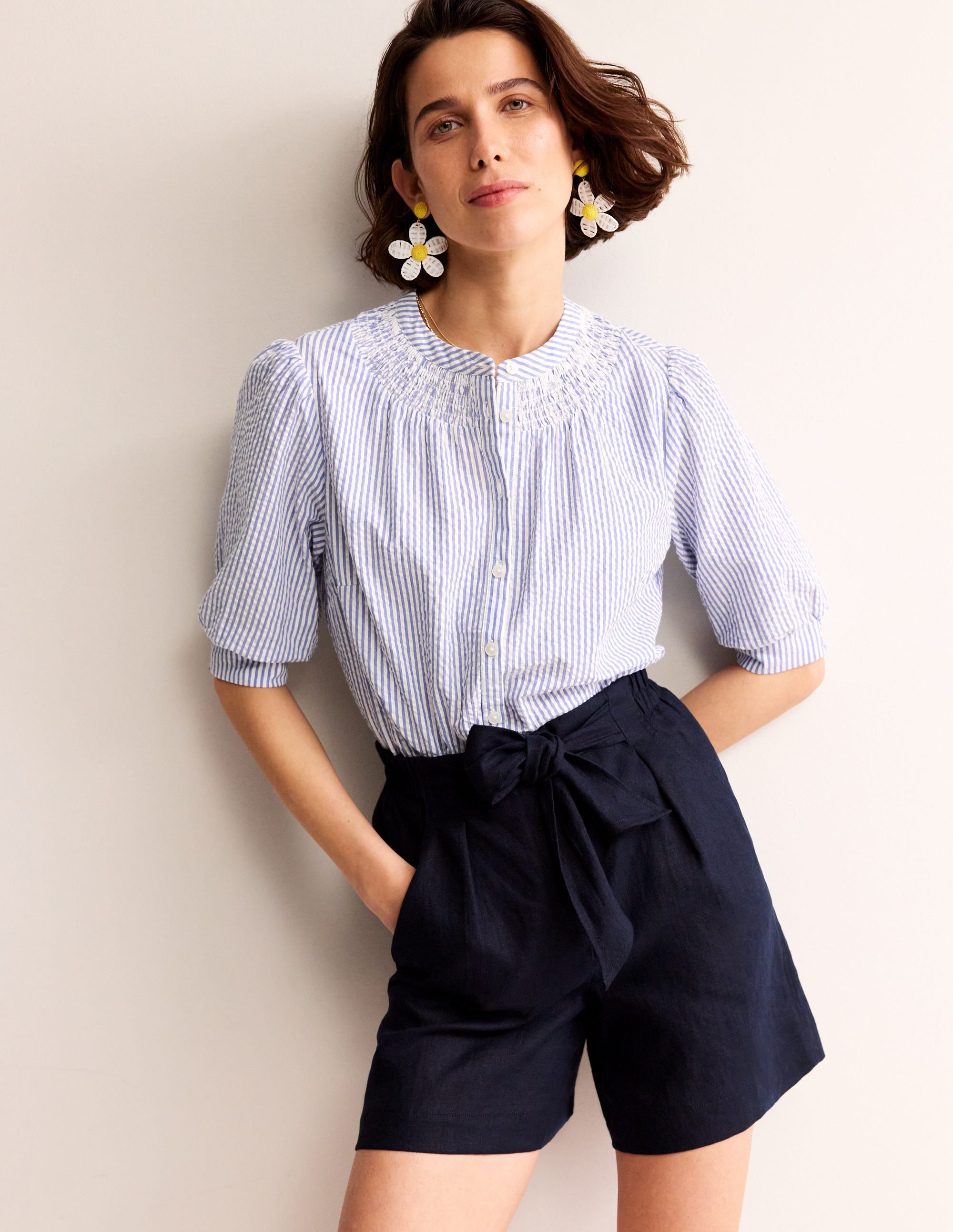 Tie Waist Linen Shorts-Navy - Image 1