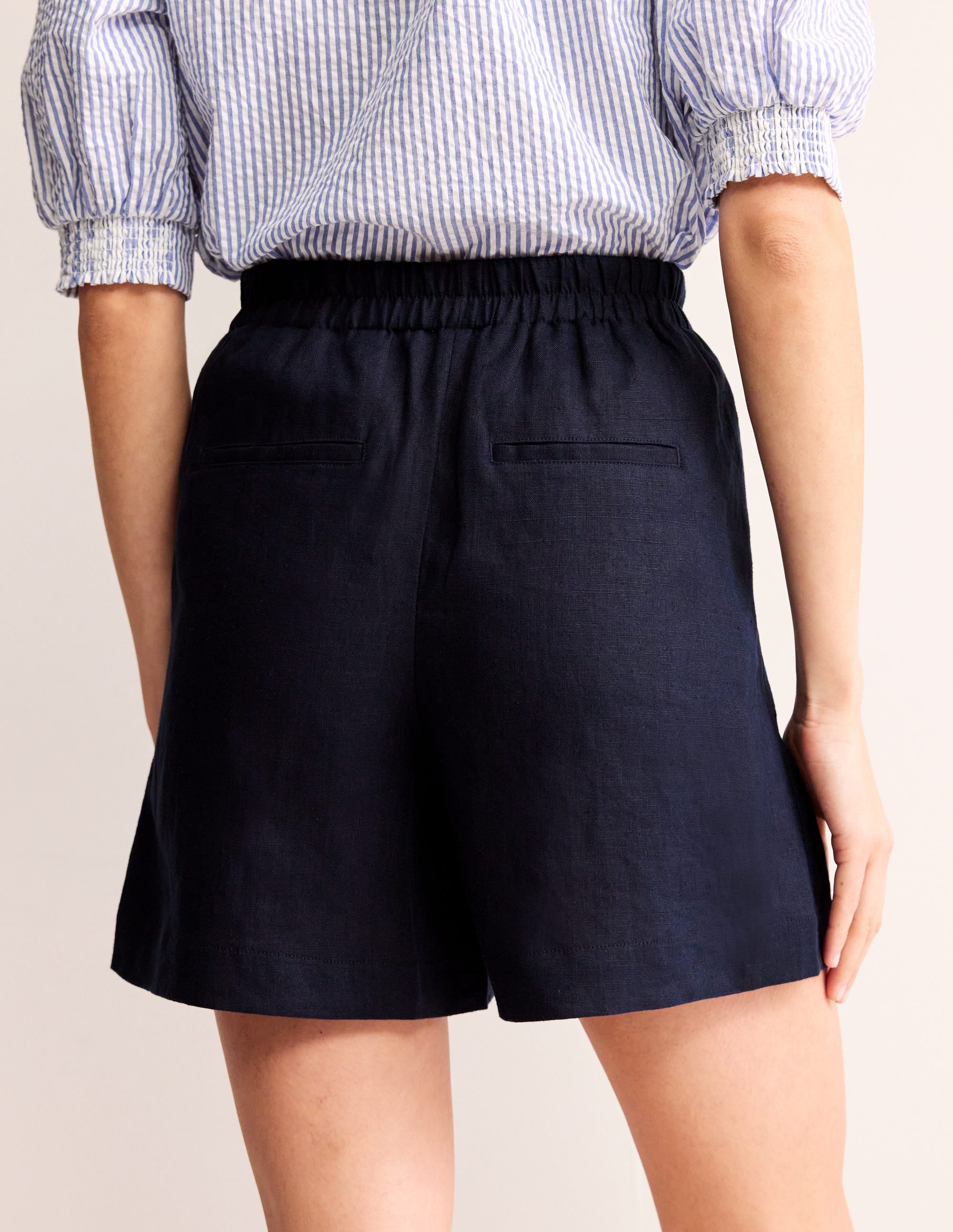 Tie Waist Linen Shorts-Navy - Image 3