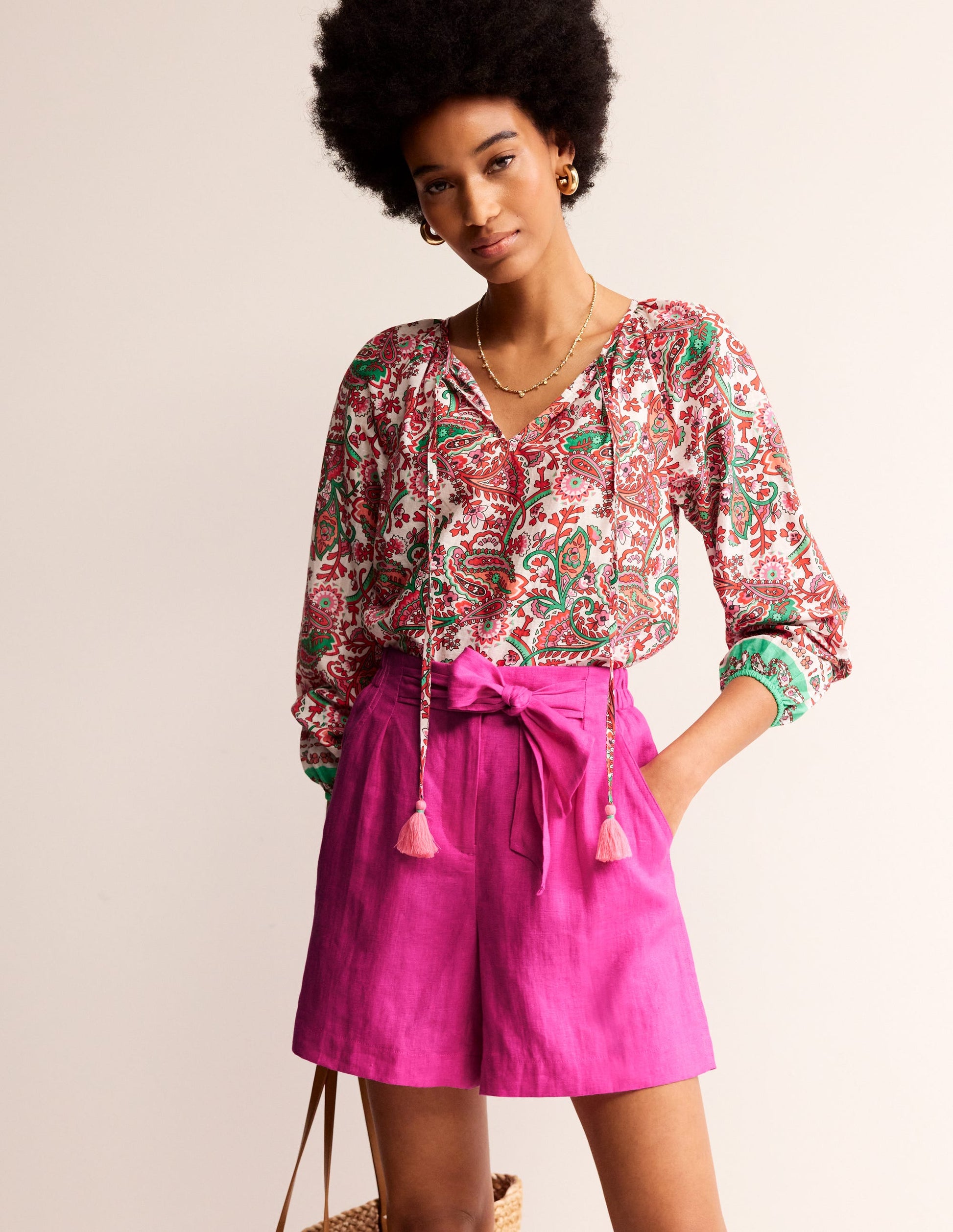 Tie Waist Linen Shorts-Pop Pansy-1
