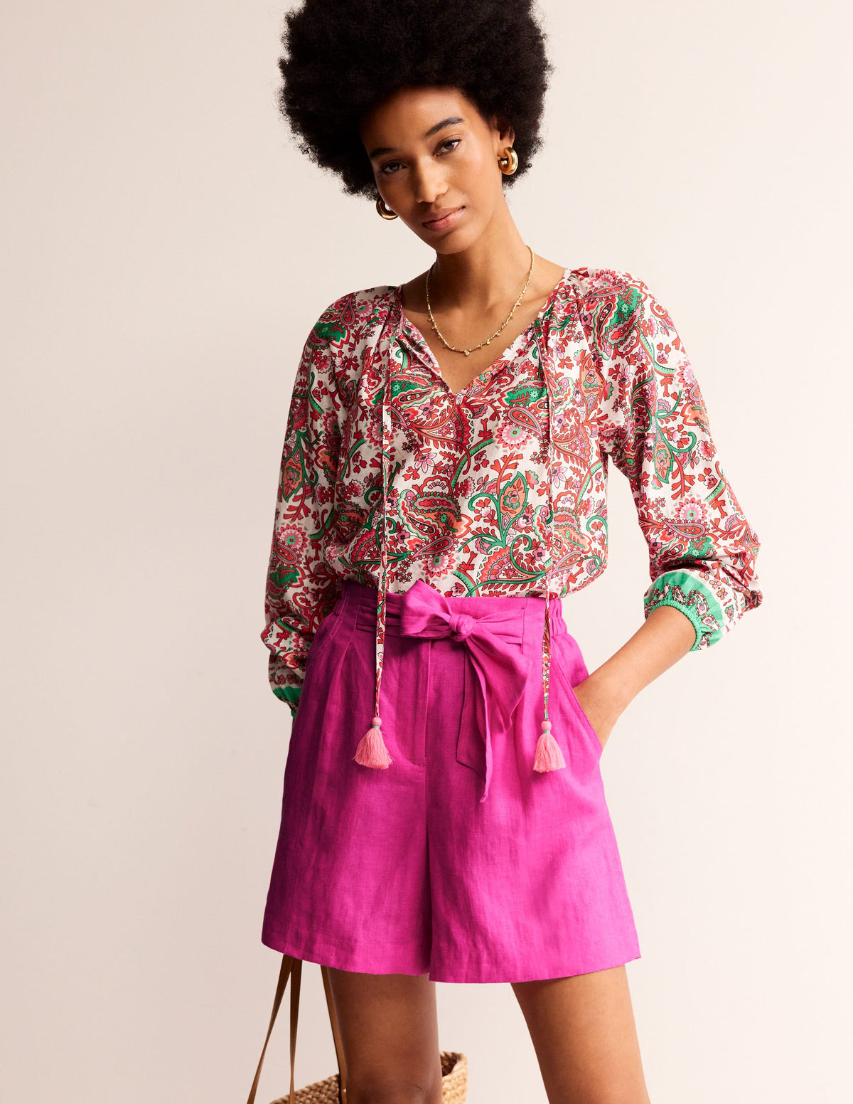 Tie Waist Linen Shorts-Pop Pansy - Image 1