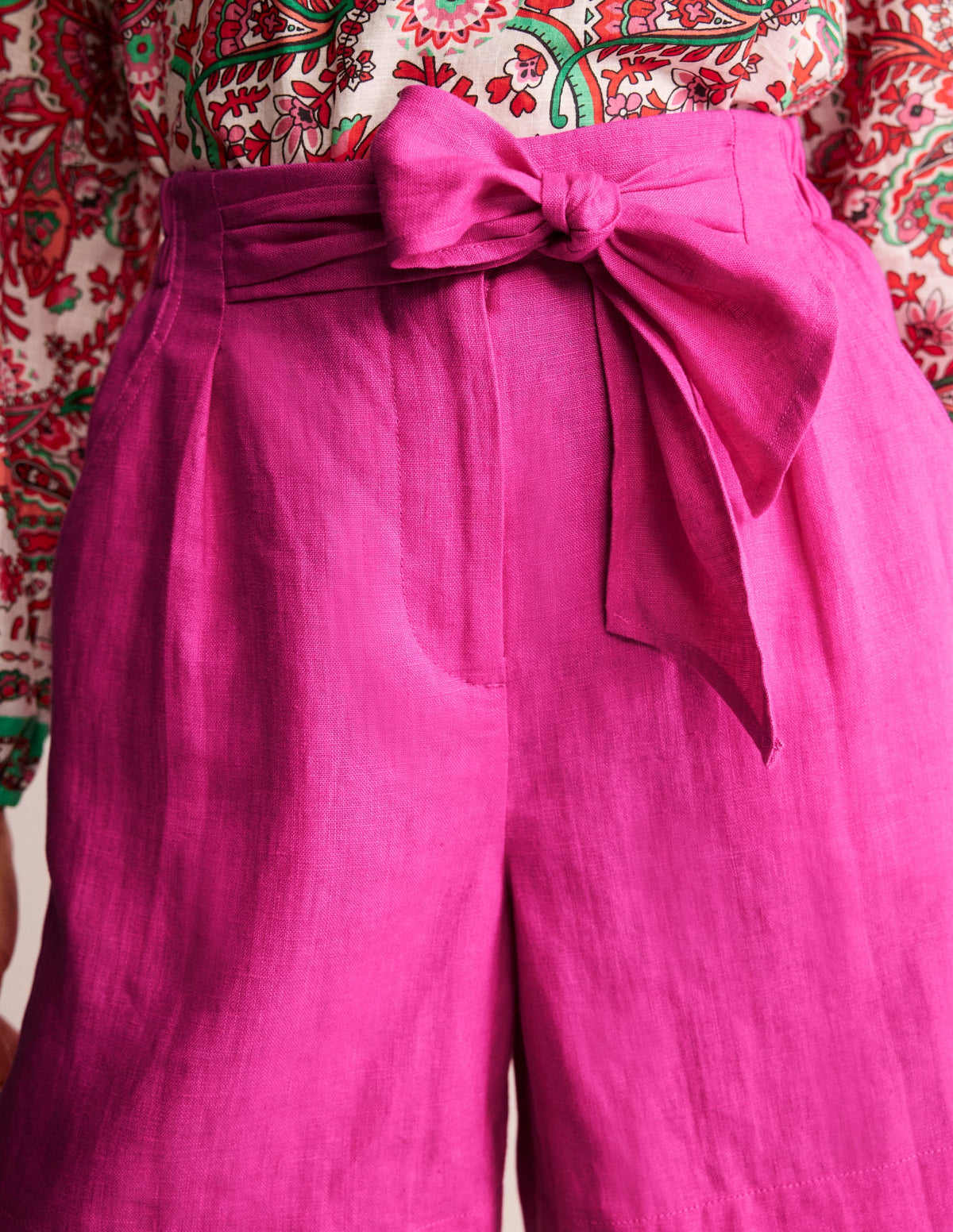 Tie Waist Linen Shorts-Pop Pansy - Image 2