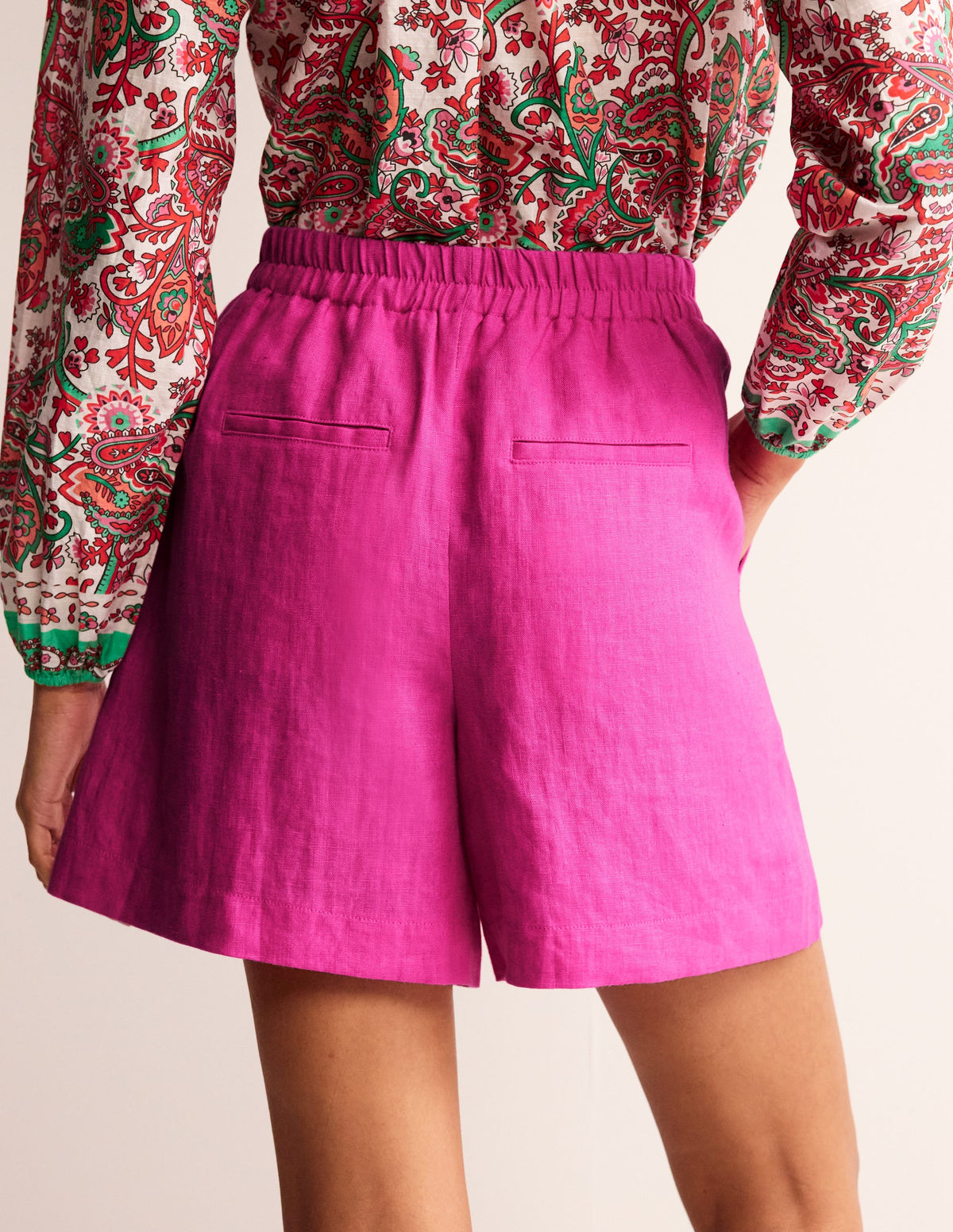 Tie Waist Linen Shorts-Pop Pansy - Image 3