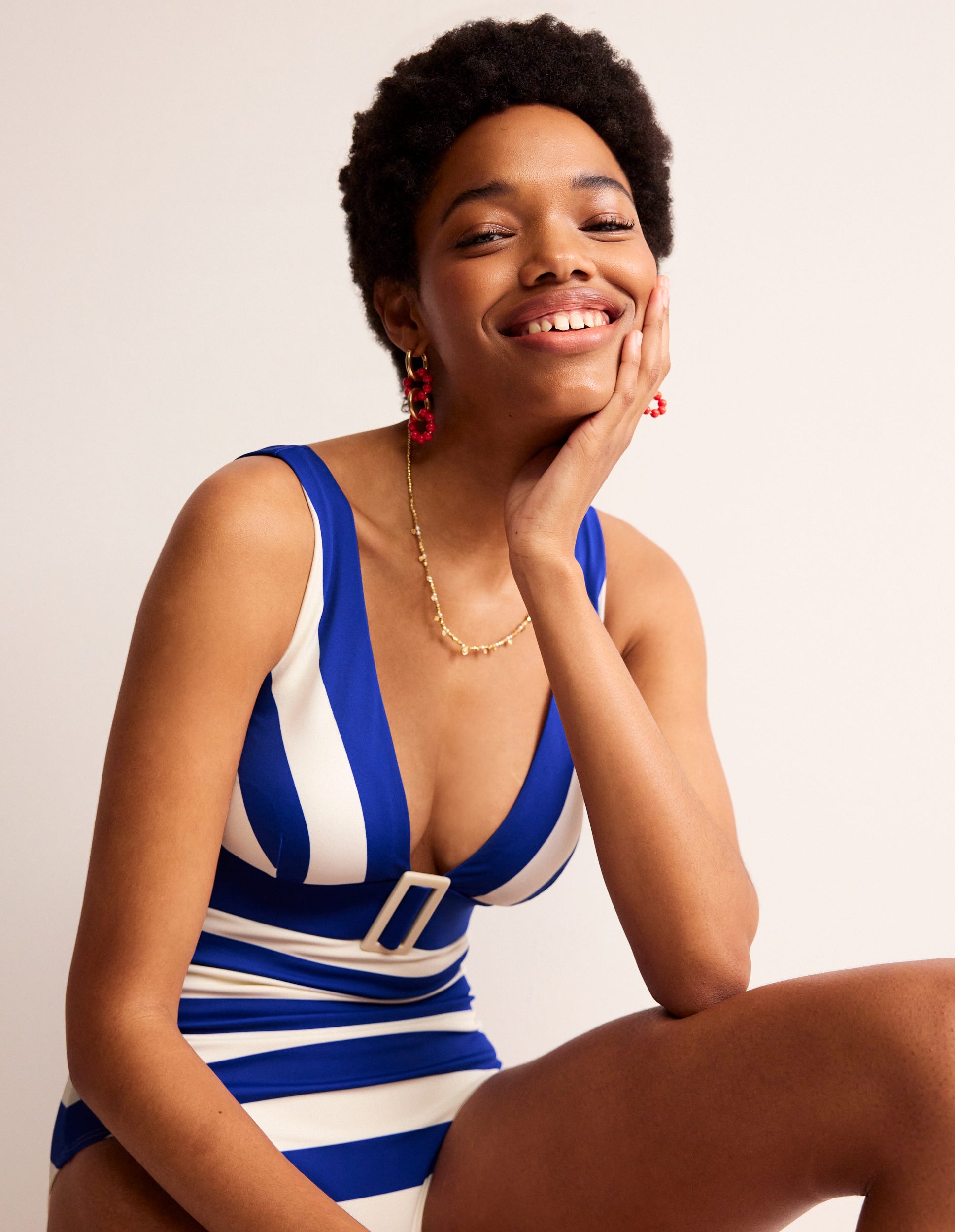 Resin Buckle V-neck Swimsuit-Blue/Ivory Stripe - Image 1