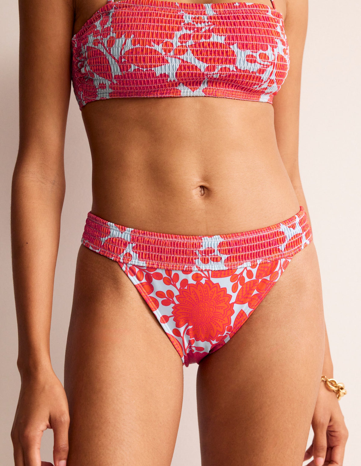 Milos Smocked Bikini Bottoms-Fire Cracker, Gardenia Swirl - Image 4