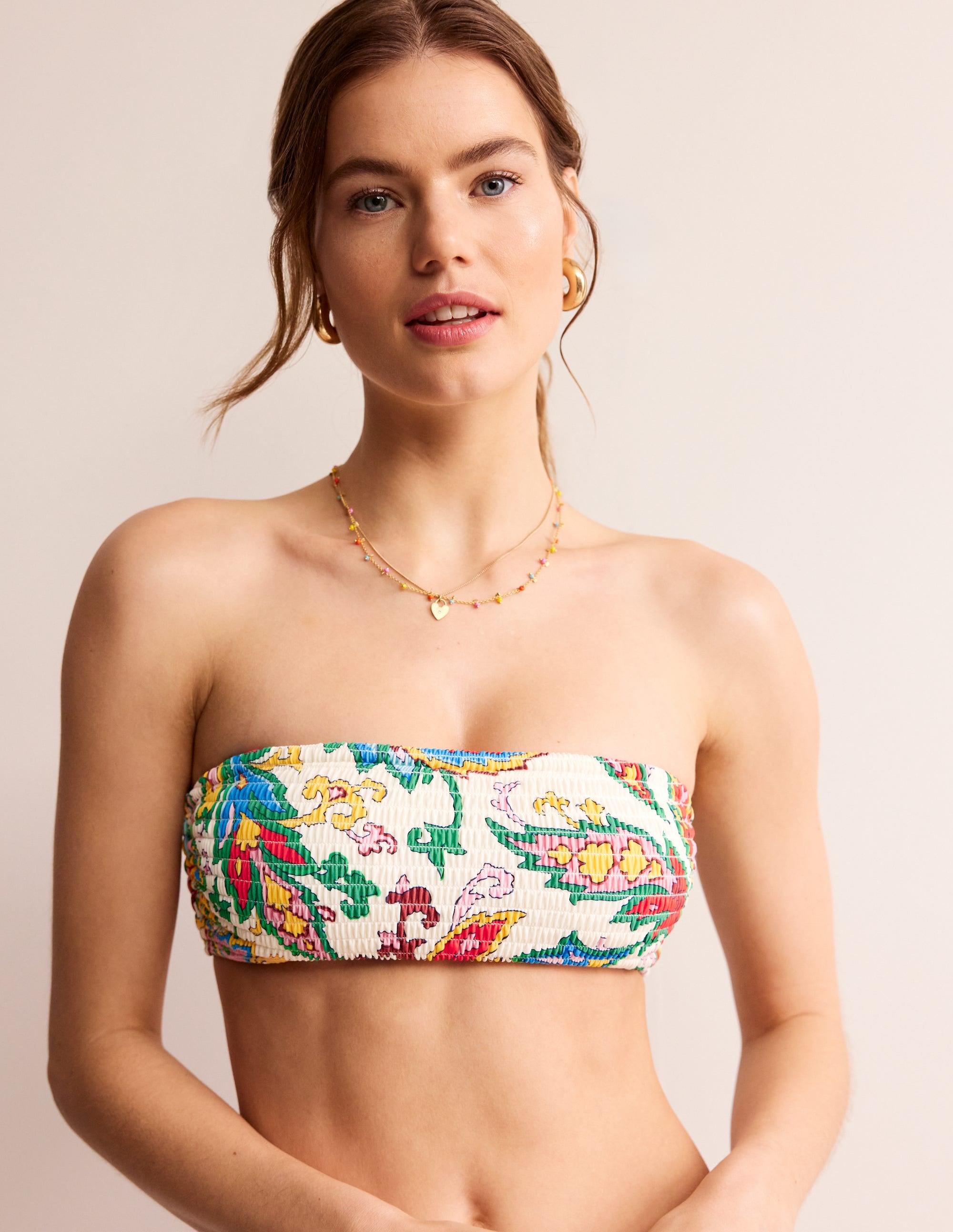 Milos Smocked  Bikini Top-Ivory, Paisley Azure - Image 1