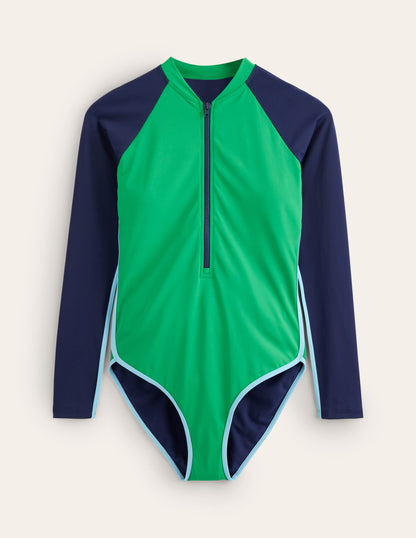 Piped Raglan Sleeve Swimsuit-Navy/ Green Colourblock-5