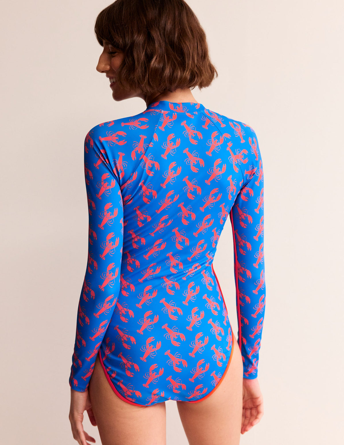 Piped Raglan Sleeve Swimsuit-Indigo Bunting, Lobster - Image 3
