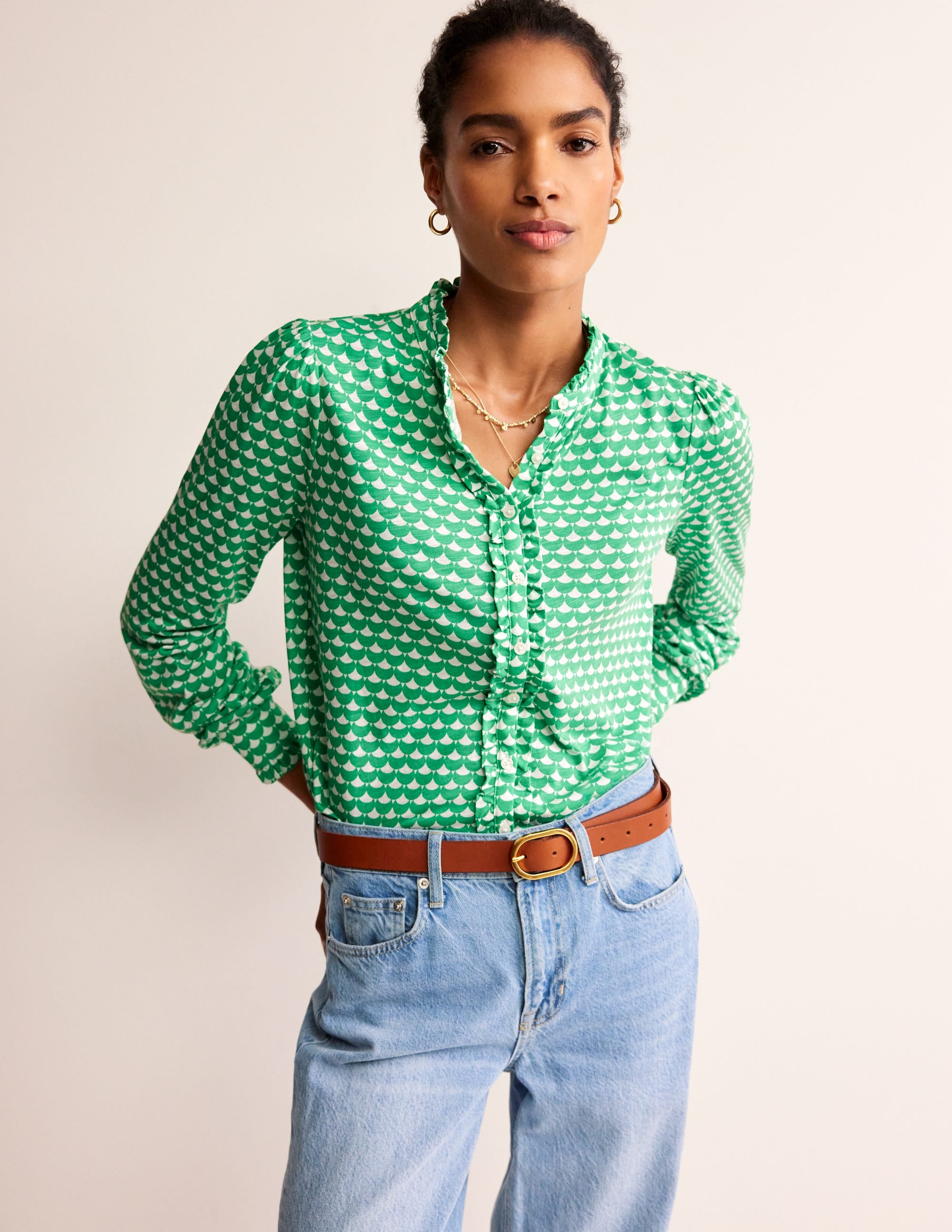 Caroline Jersey Shirt-Ming Green, Crescent Stamp - Image 1
