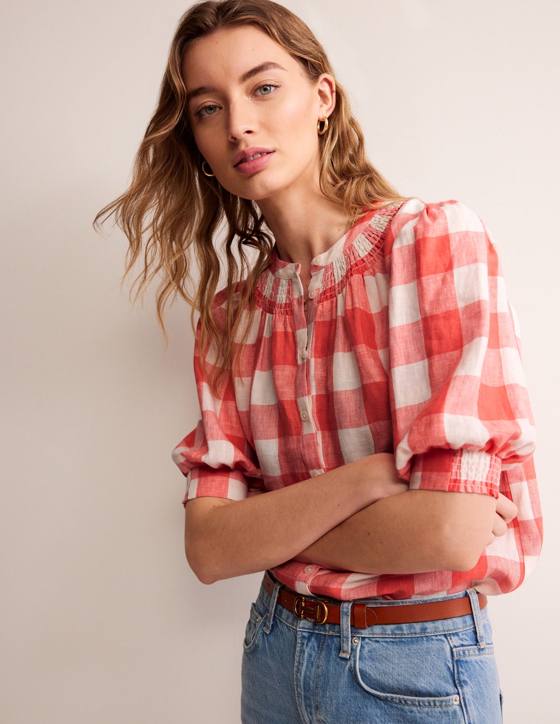 Ada Linen Top-Porcelain Rose, Gingham-1
