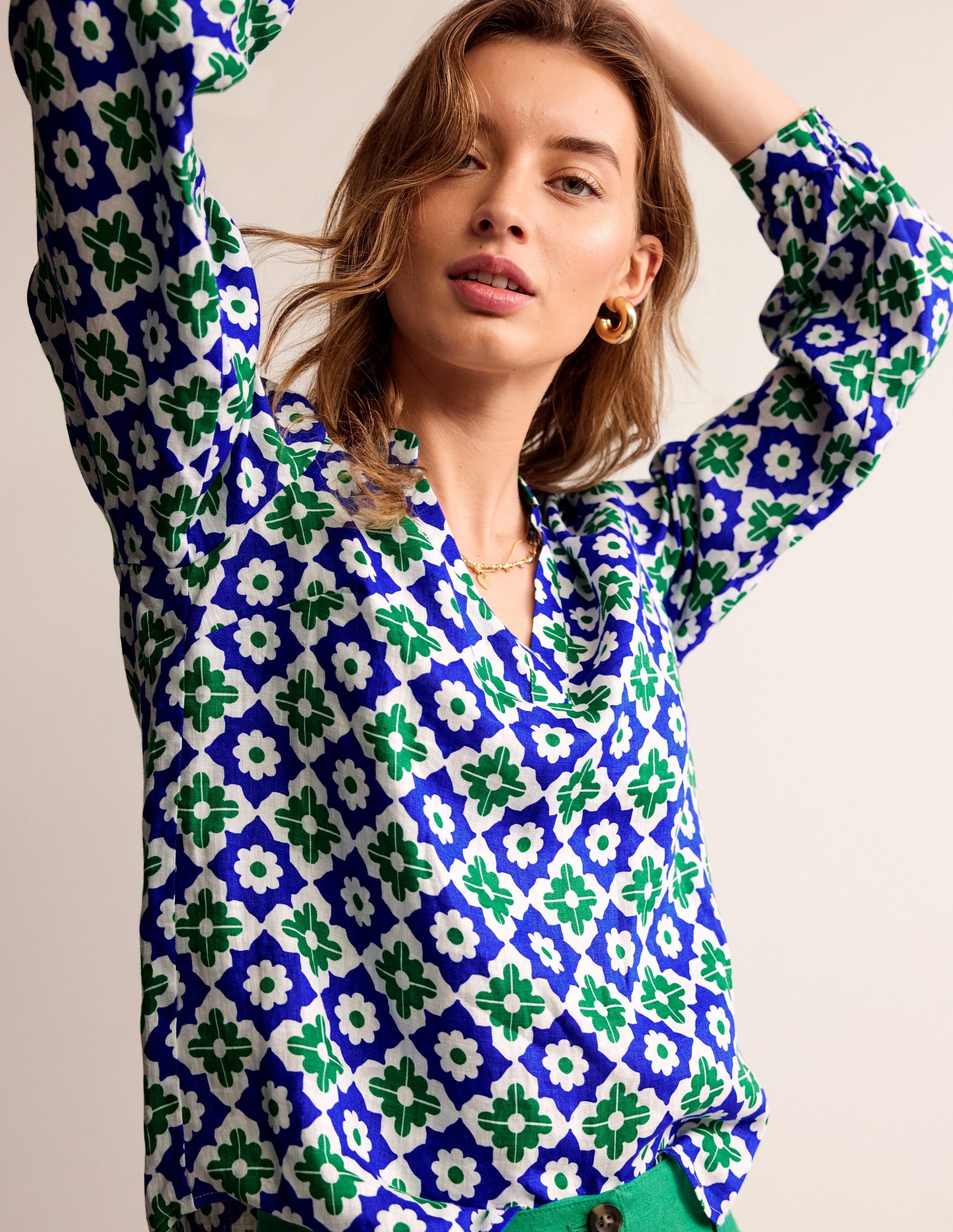 Alice Linen Top-Green, Geometric Stamp - Image 1