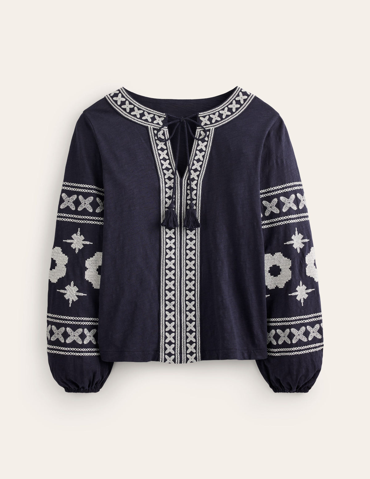 Diana Embroidered Tie Neck Top-Navy - Image 5