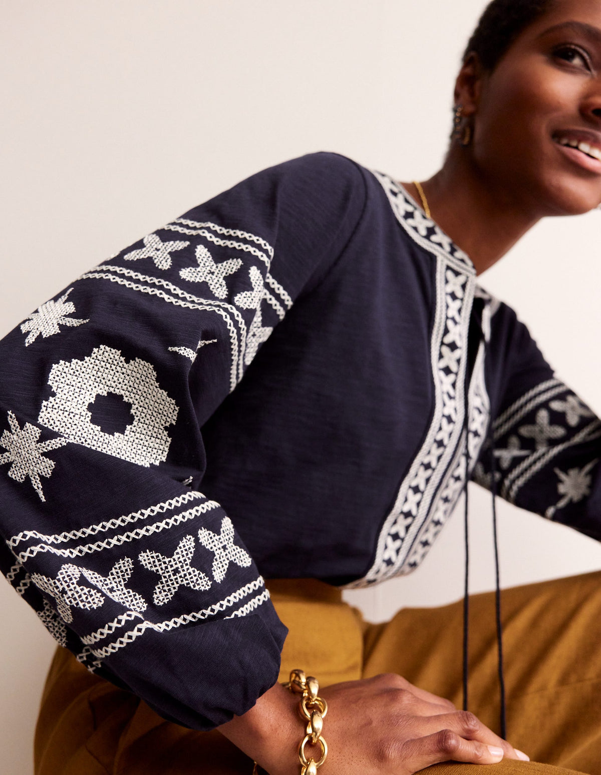 Diana Embroidered Tie Neck Top-Navy - Image 1