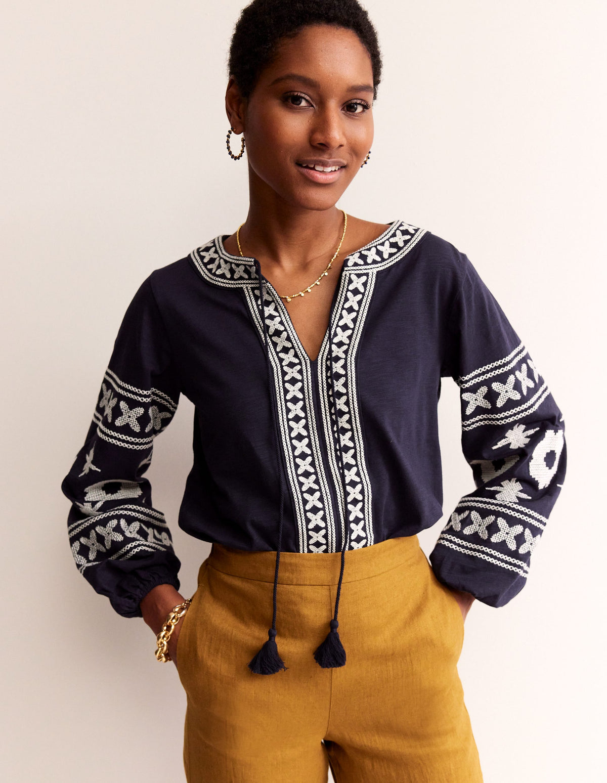 Diana Embroidered Tie Neck Top-Navy-2