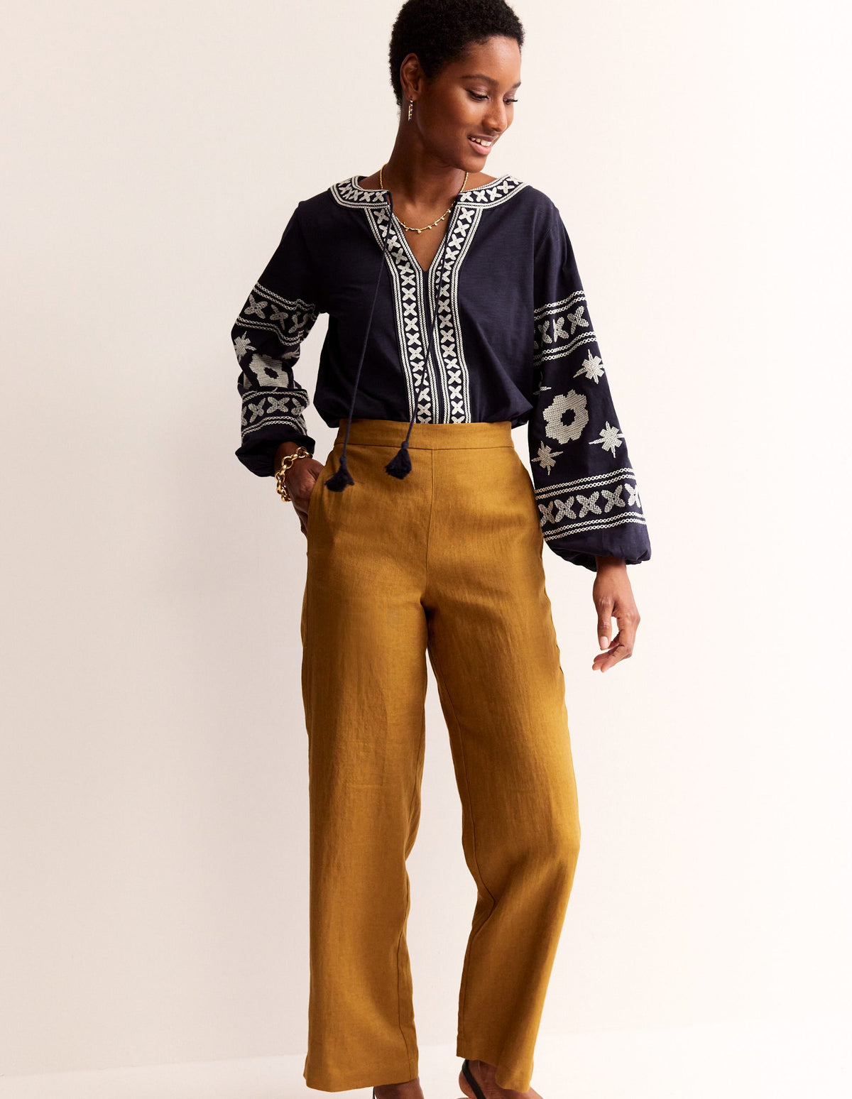 Diana Embroidered Tie Neck Top-Navy-4