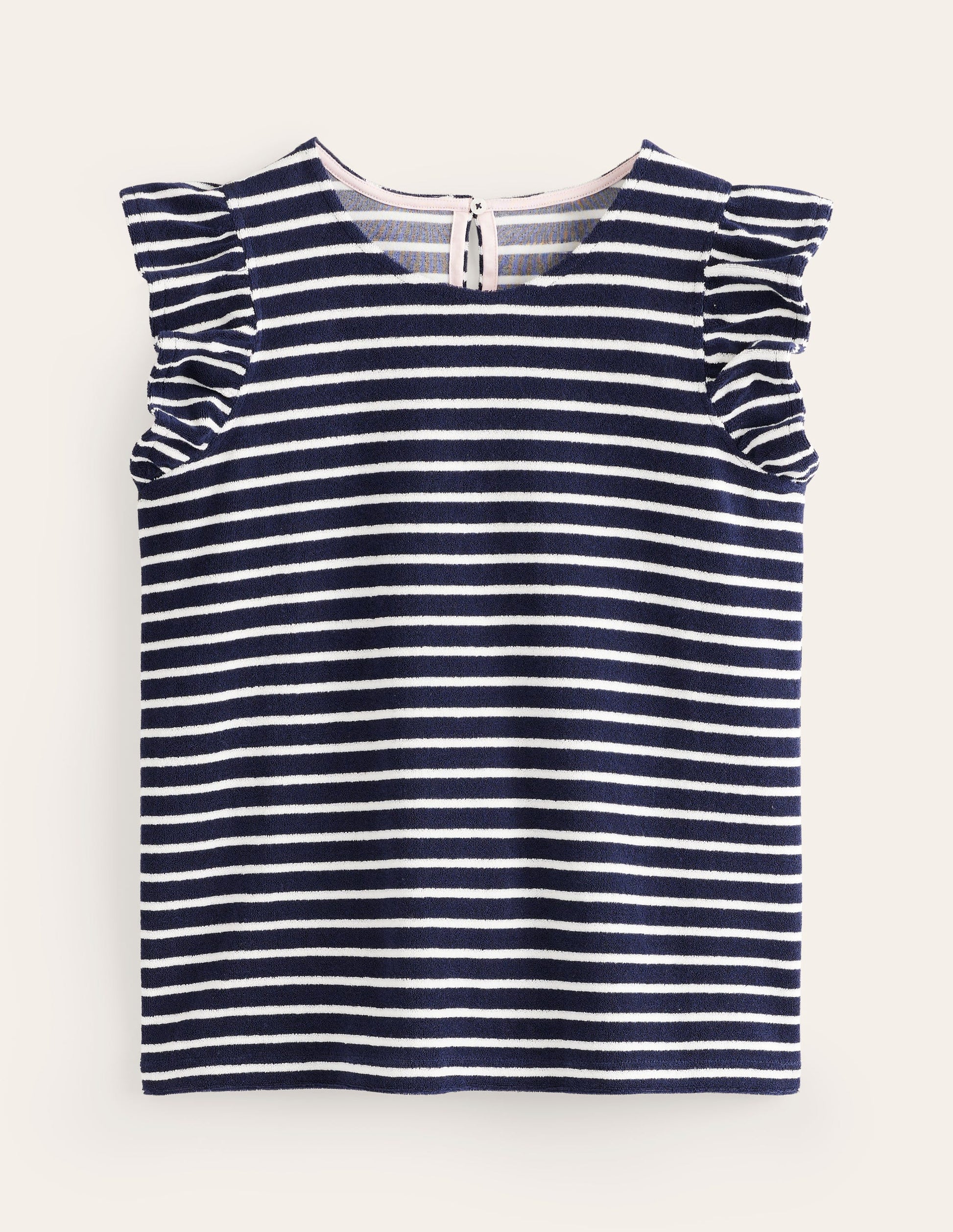 Towelling Frilled T-Shirt-Ivory, Navy-5