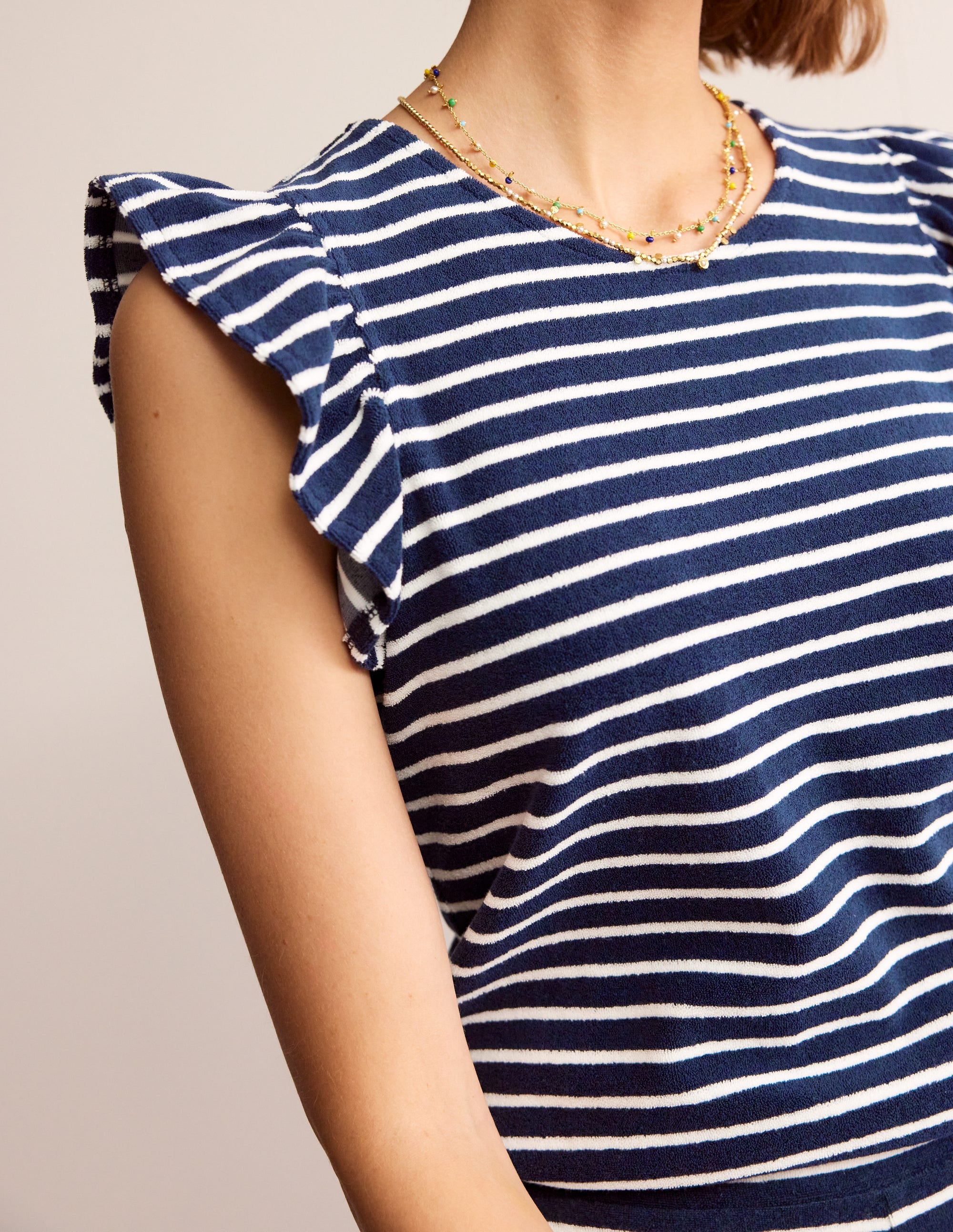 Towelling Frilled T-Shirt-Ivory, Navy - Image 2