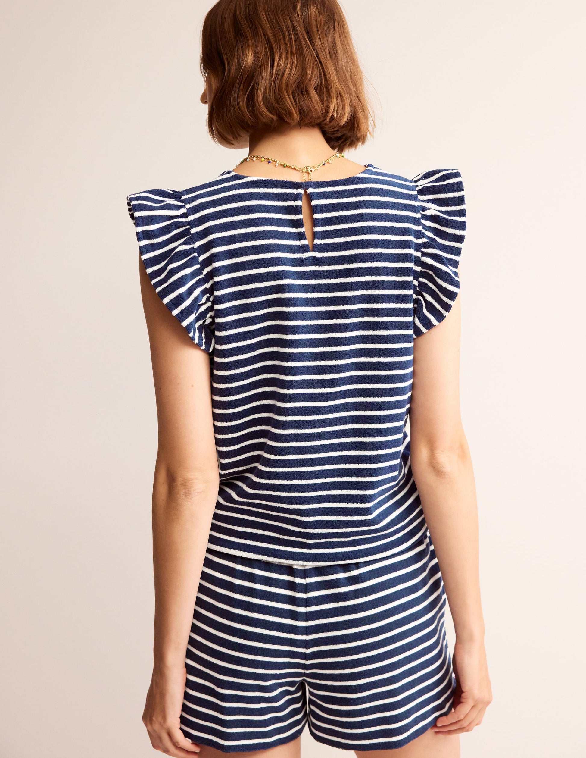 Towelling Frilled T-Shirt-Ivory, Navy-3