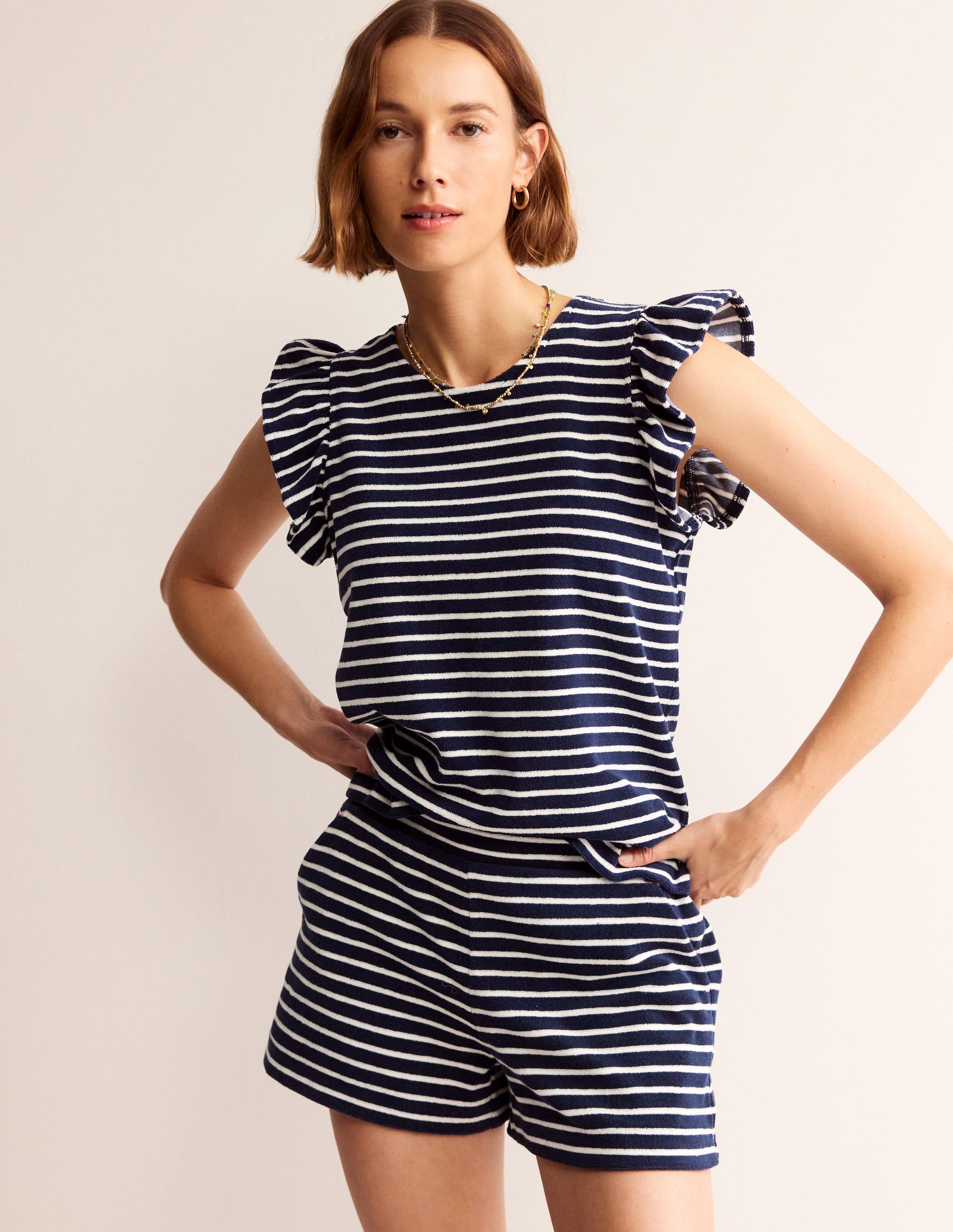 Towelling Frilled T-Shirt-Ivory, Navy-4